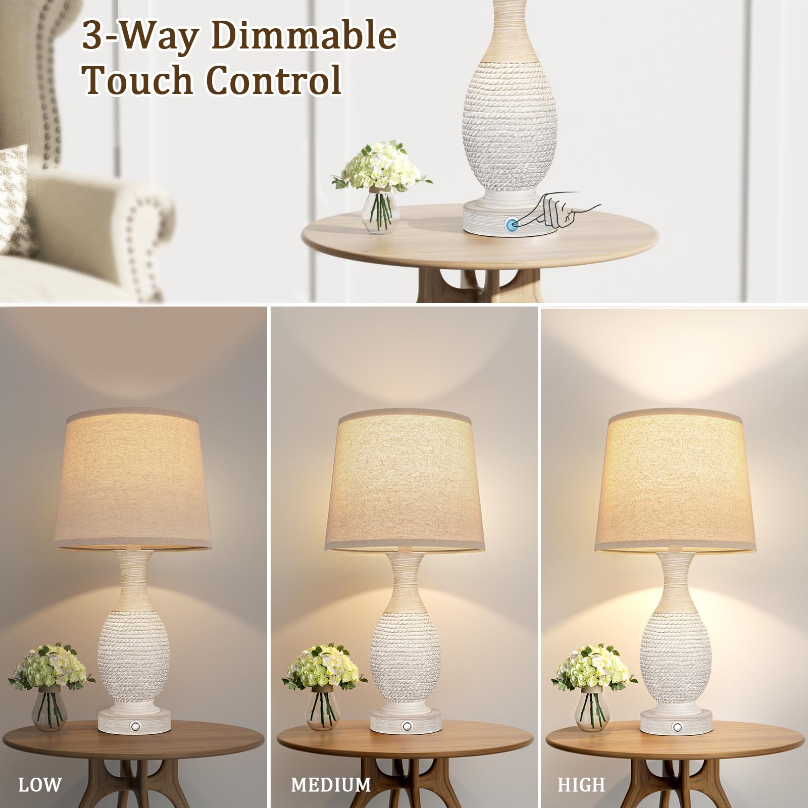 Seealle Bedside Lamps Set of 2 - Dimmable Touch with USB C+A, Resin, 22.6in, C. Oat Shade, Model 07033, Bulbs Included