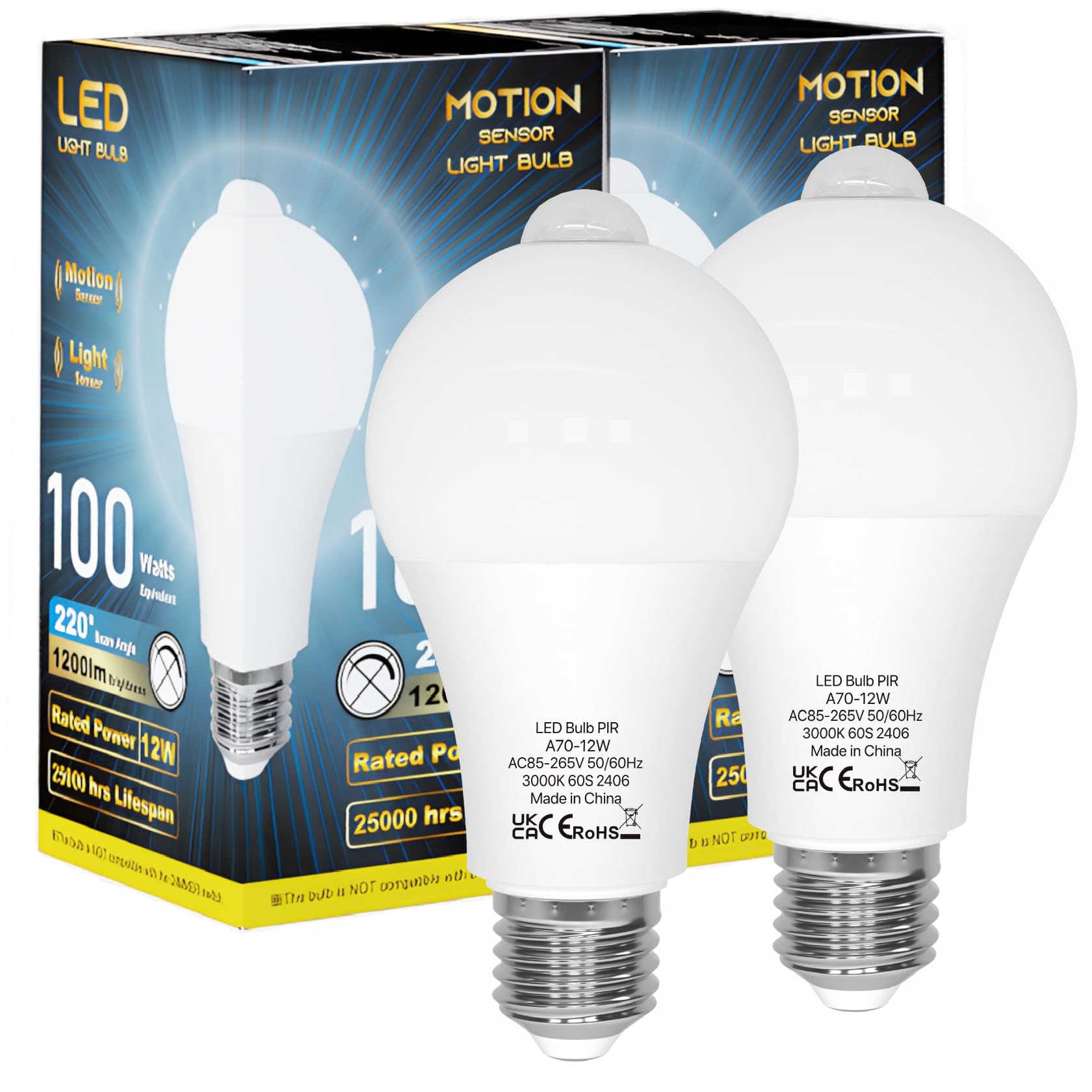 Oraluce Motion Sensor Light Bulbs Indoor Outdoor 100 Watt Equivalent, 12W Motion Activated Light Bulb 3000K Warm White, A19 E26