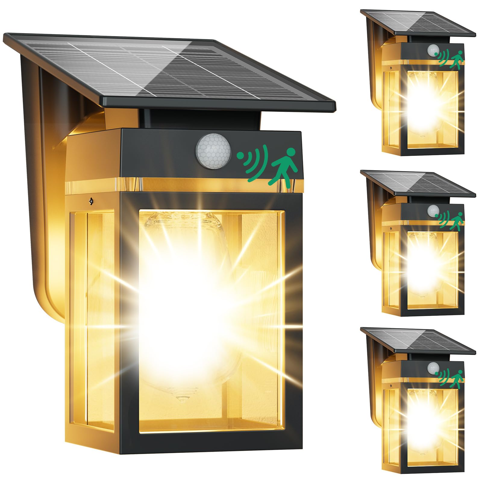 Cybrasc 4 Pack Solar Porch Lights Outdoor, Dusk to Dawn & Motion Sensor Wall Light with Lantern Shape, 3 Modes IP65 Waterproof, 