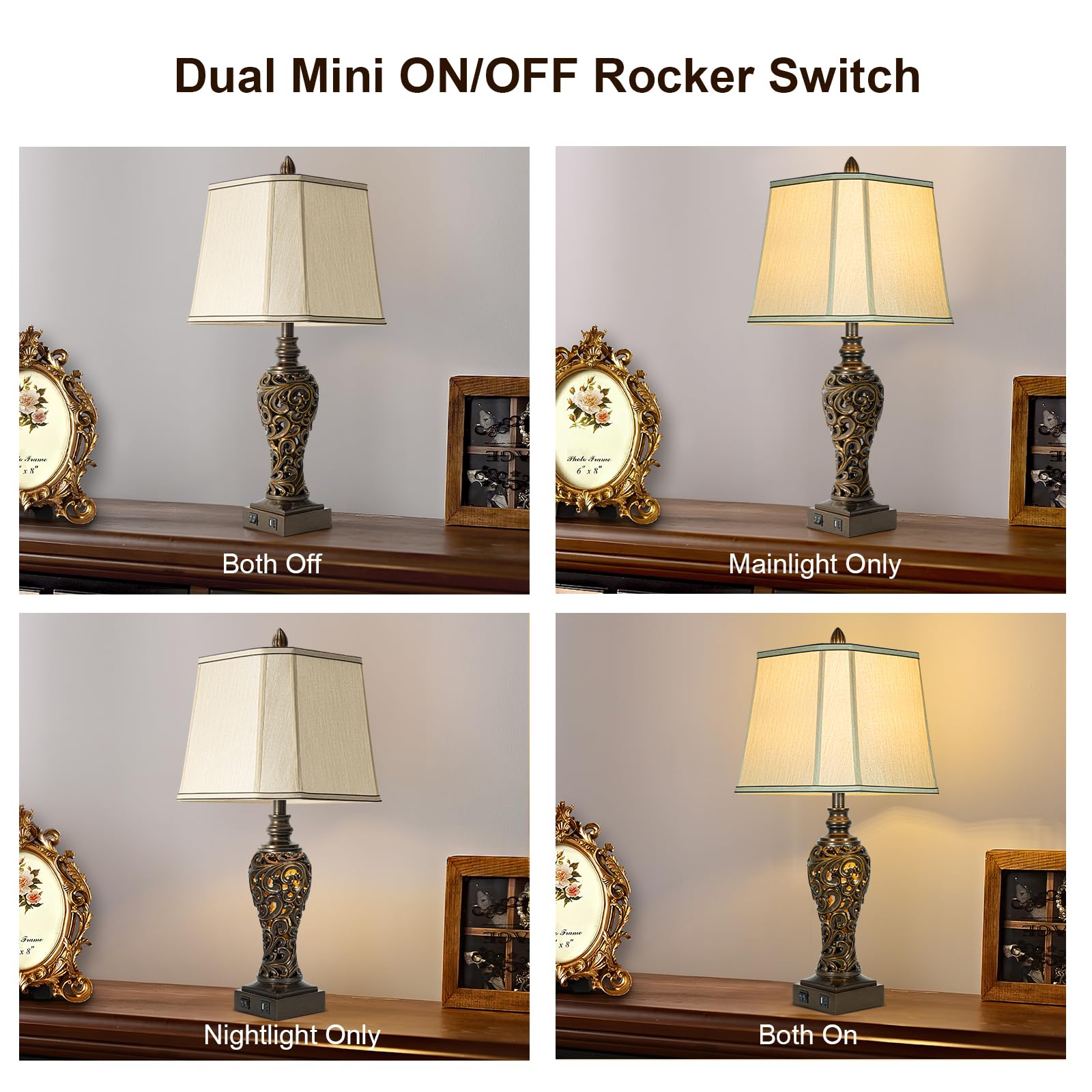 LuxSight Vintage Brown Table Lamps Set of 2 - 28.5" Bedside Lamps with Faux Silk Shades, USB & Nightlight - Model PL8019