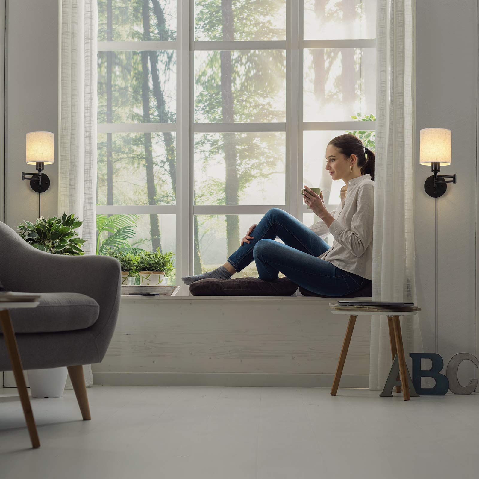 CADUKE Swing Arm Wall Light Set of 2, Modern Metal & Linen Sconces, Linen Shade, Model LR-RTH84, Ideal for Bedroom & Living Room