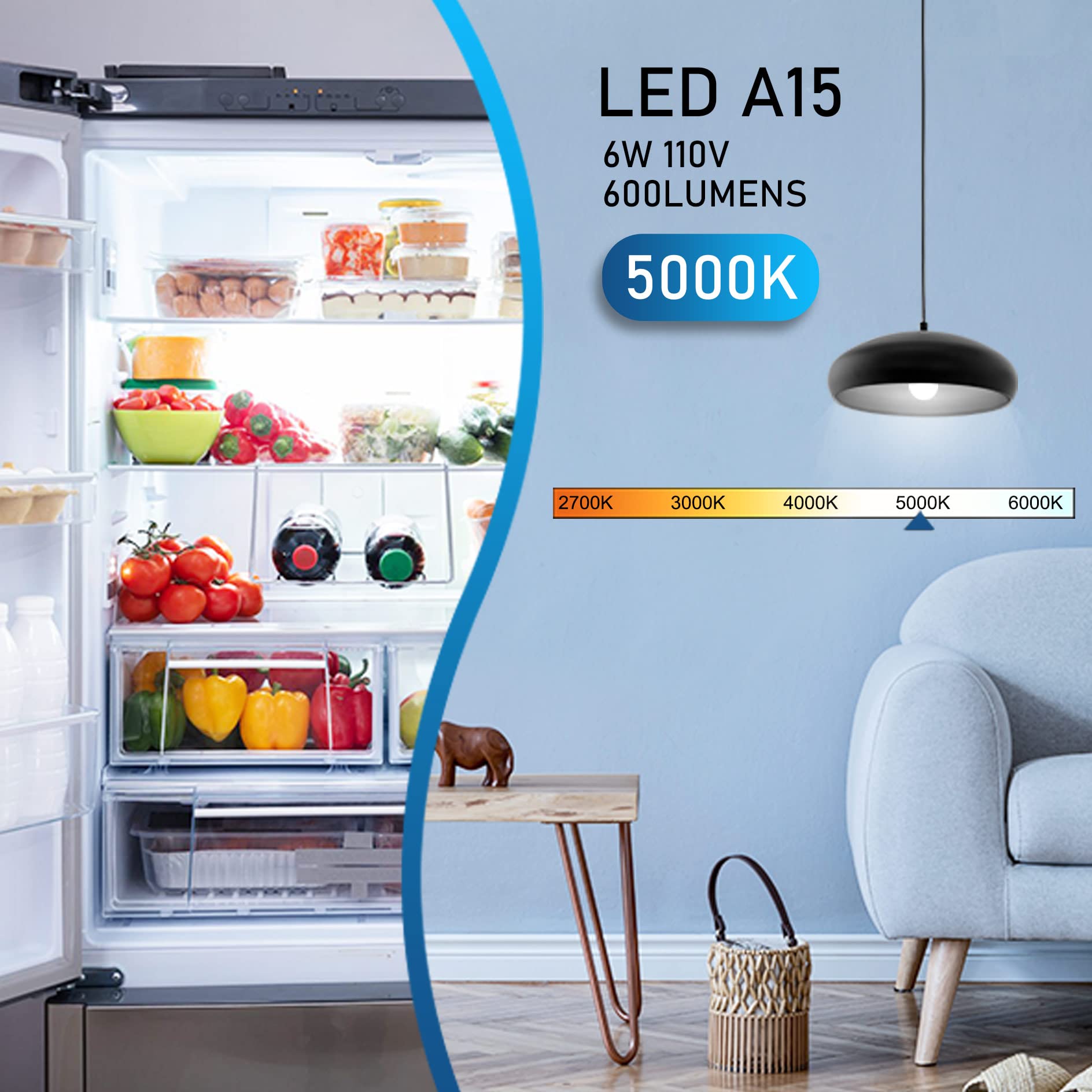 hansang E26 LED Refrigerator Bulb, 60W Equivalent, 5000K Daylight, Waterproof, 2 Pack, Non-Dimmable, Aluminum