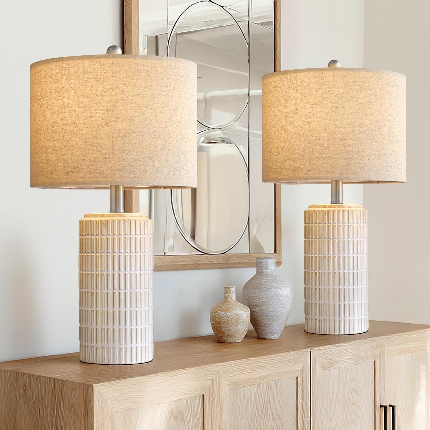 PoKat 24 Modern Ceramic Table Lamps Set of 2 for Bedroom  White Bedside Lamps for Night Stands  Farmhouse Desk Decor Nightstand Table Lamps for Living Room End Table Beige