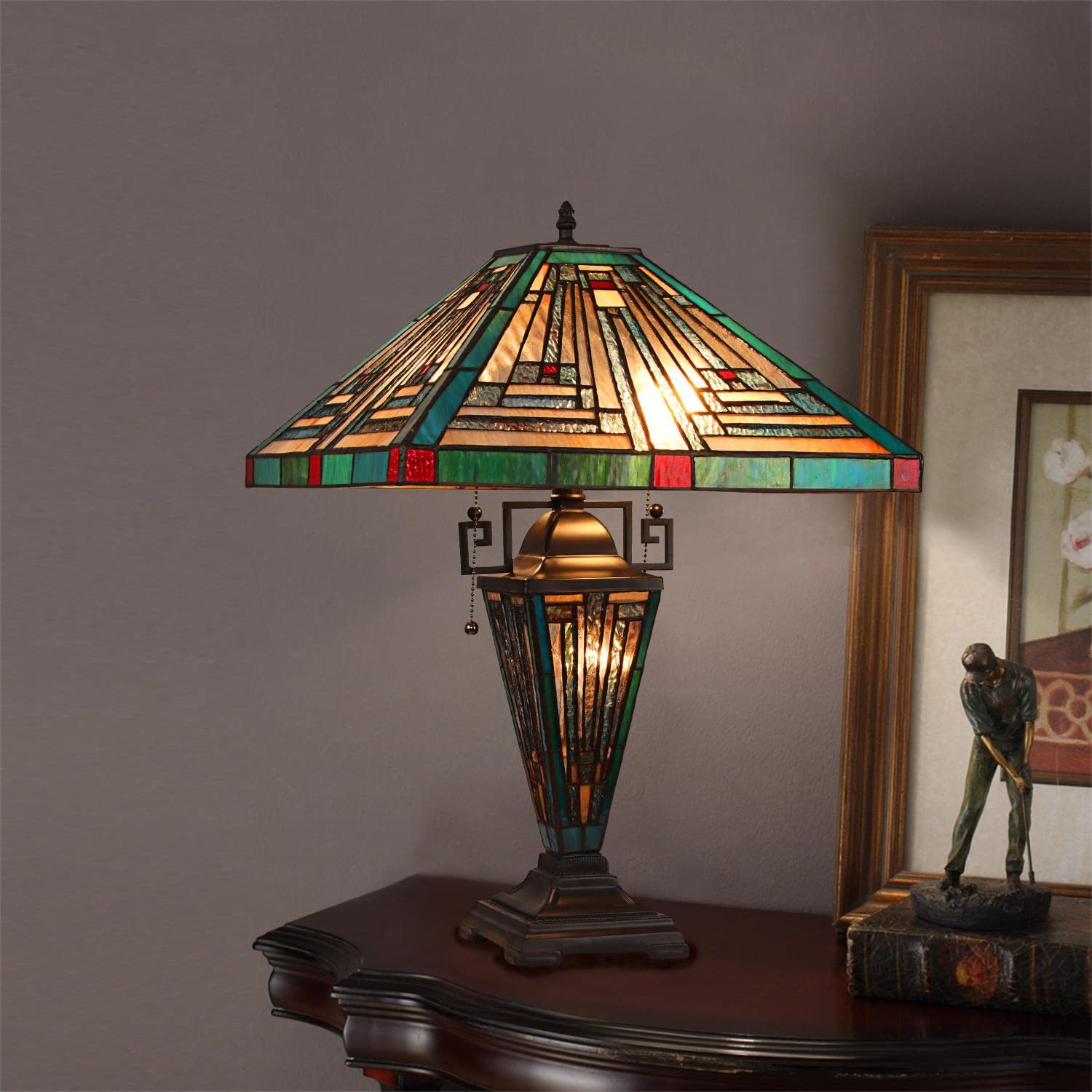 Chloe Lighting Innes Tiffany-Style Table Lamp, 3 Light, Blackish Bronze, 16" Wide, Multicolor Glass, Model CH3T359BM16-DT3