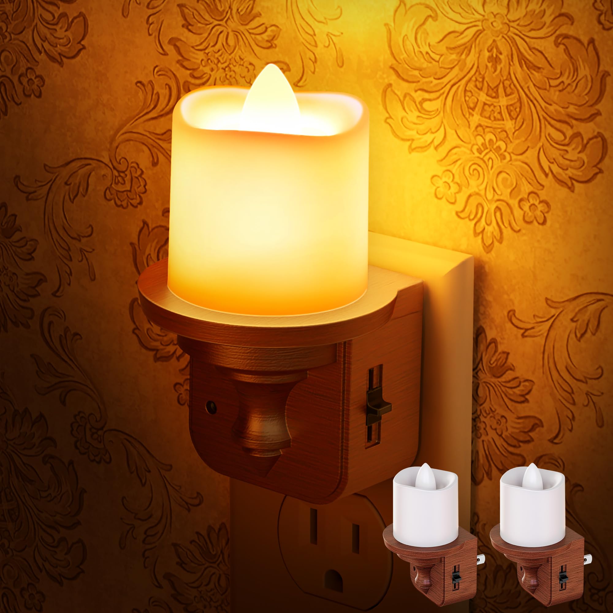 Briignite LED Vintage Night Light, 0-100LM Dimmable, 2 Pack, Amber Woodgrain Plug-in Night Light for Kids, Hallway, Bathroom, Bedroom