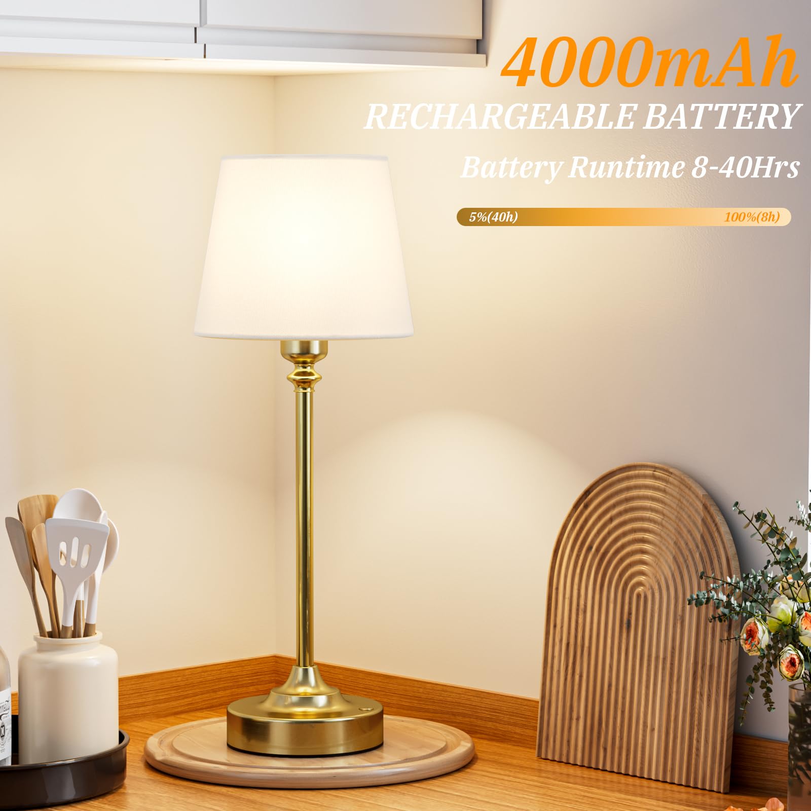 Cordless Table Lamp Rechargeable Gold - 1 Pack Brass 4000Mah Battery Operated Lamp For Decor, 3000K Stepless Dimming Touch Contr