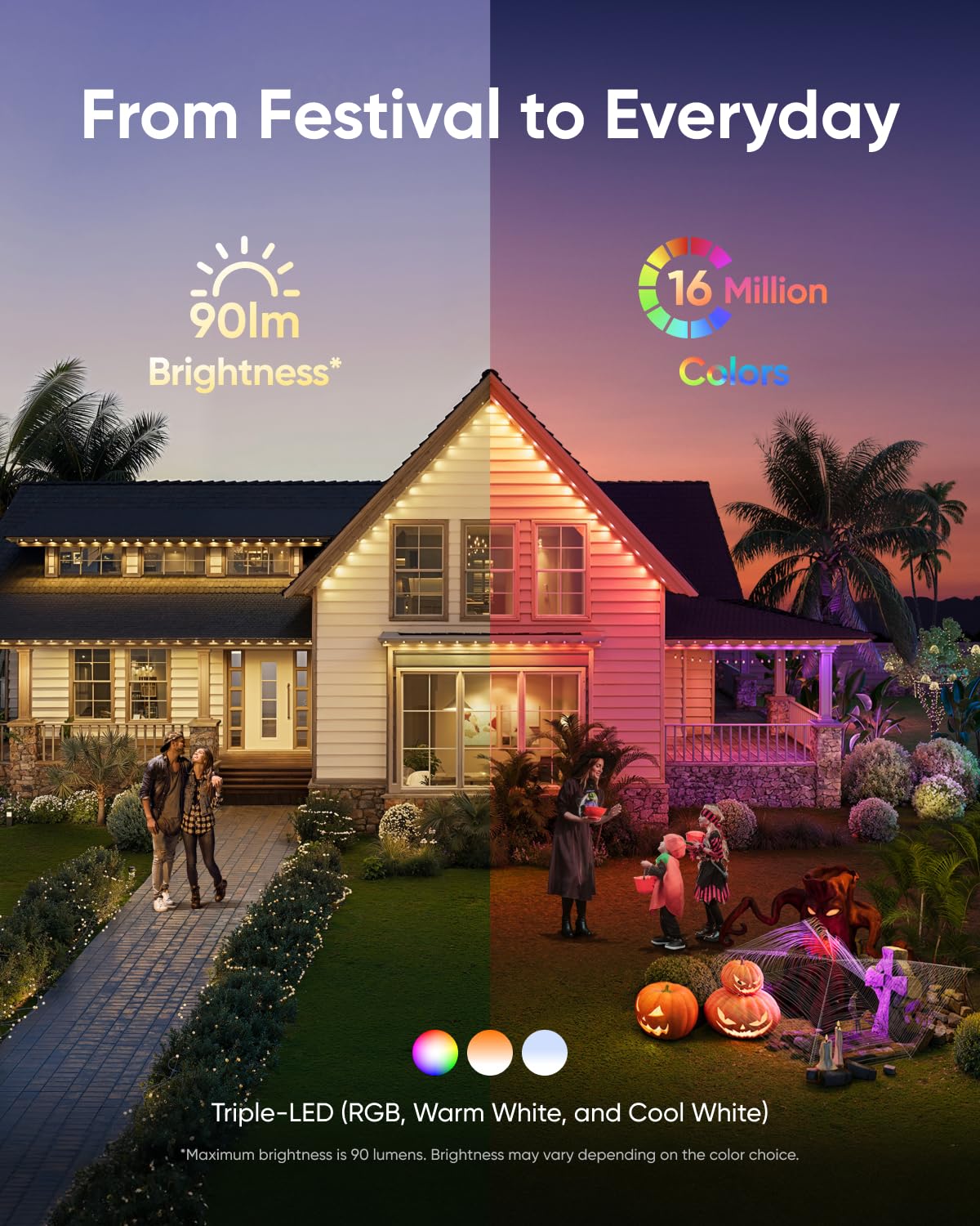 Eufy Permanent Outdoor Lights E22, 50Ft With 30 Triple-Led Lights, Smart Rgbww Christmas Lights, Daily And Holiday, Ip67 Waterpr