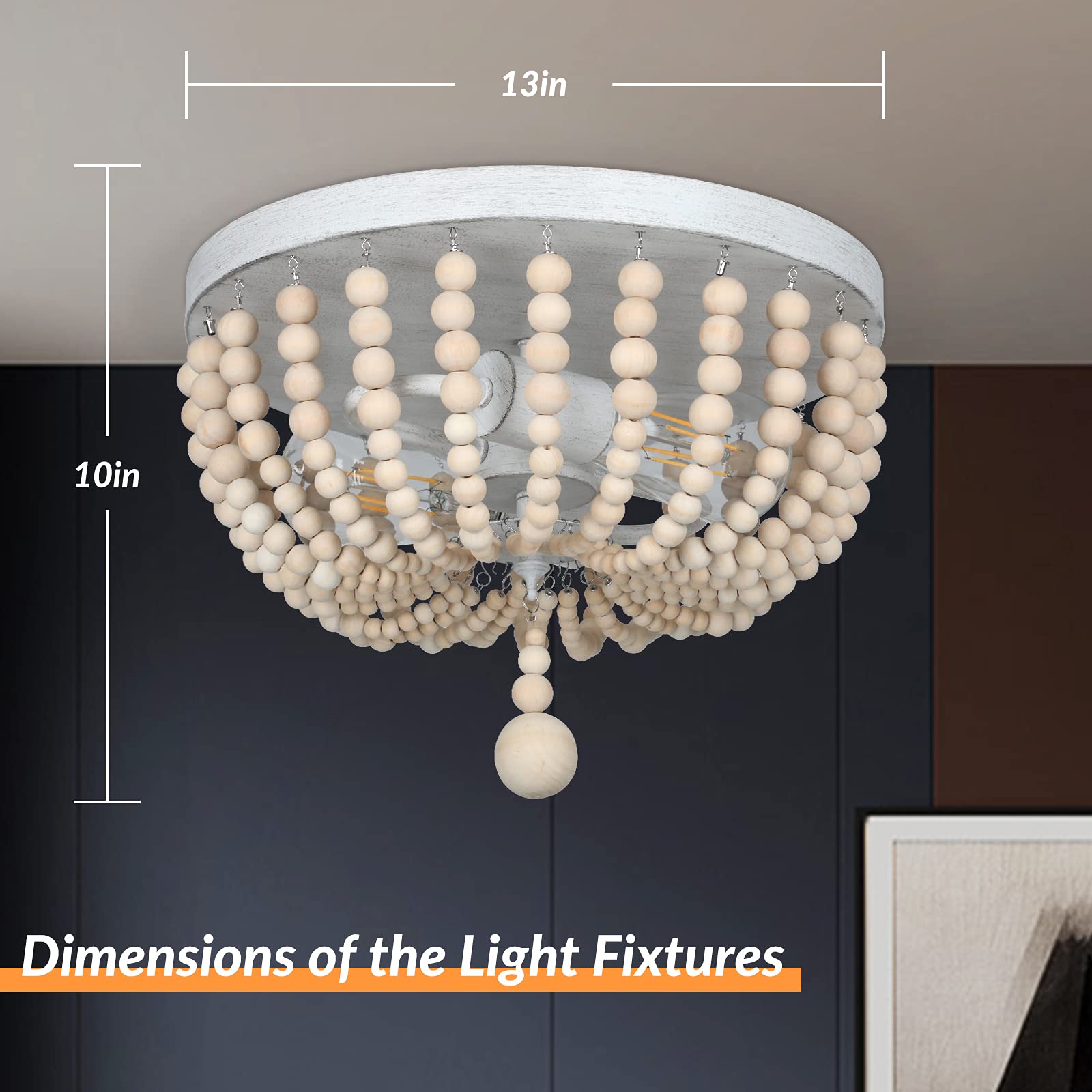 Verron Boho Wood Bead Chandelier, Retro 2-Light Pendant Light, Oak & White, Semi Flush Mount For Living Room, Kitchen, Nursery, Model C3357-02-Sl