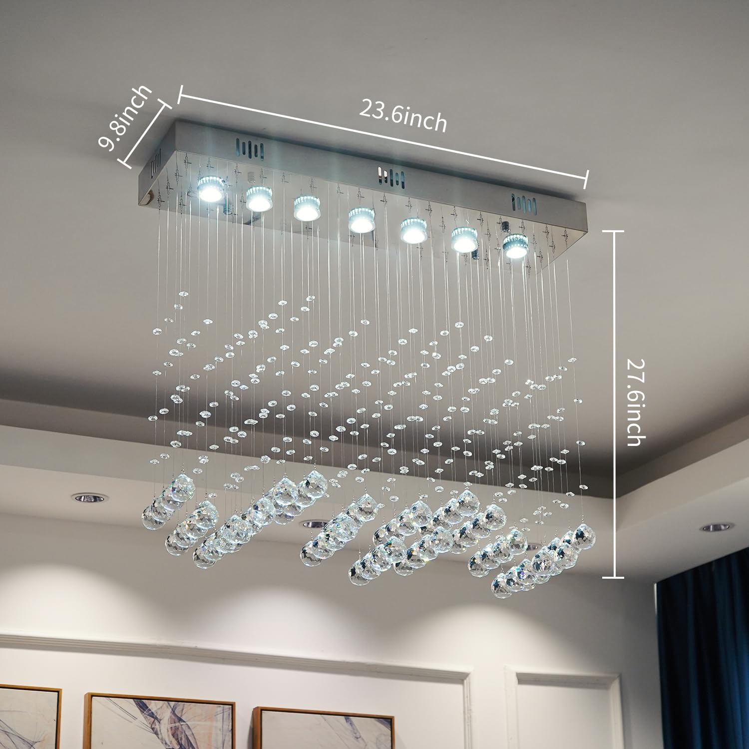 Crystop Contemporary Rectangular Chandelier, 7-Light Raindrop Pendant, 23.6X9.8X27.6, Silver, Crystal Ceiling Light For Dining Room/Kitchen
