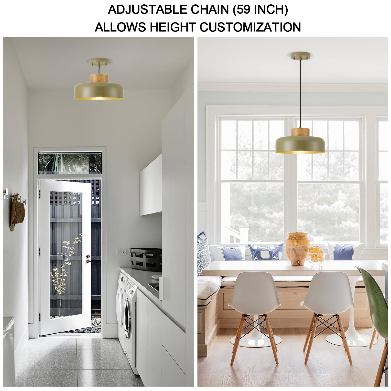 Modern Pendant Lights 12.6 Inch Naturl Wood Adjustable Simple Pendant Lighting For Kitchen  Dining Room  Olive Green