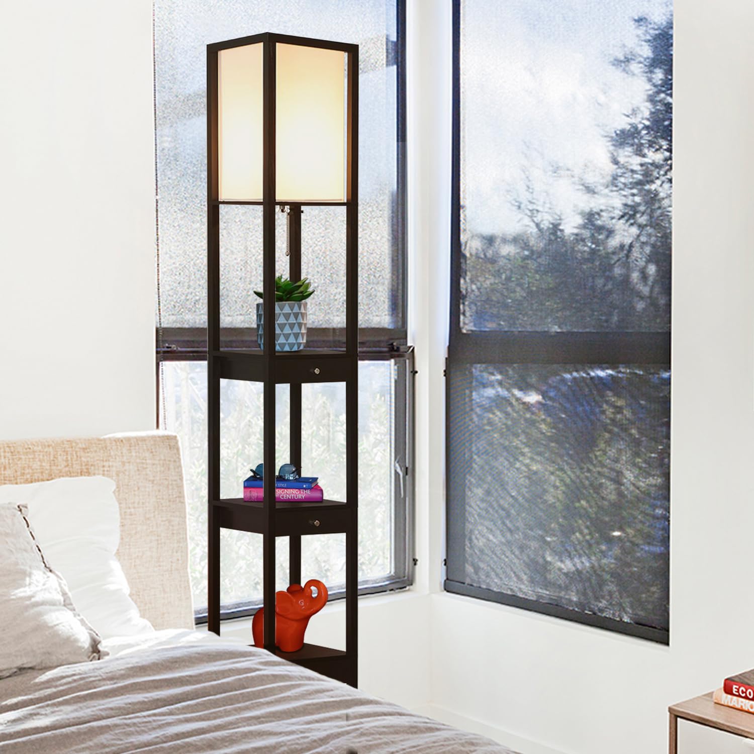 Brightech Maxwell Drawer Edition Floor Lamp - Modern Shelf Design for Living Room, Bedroom, Office - Classic Black