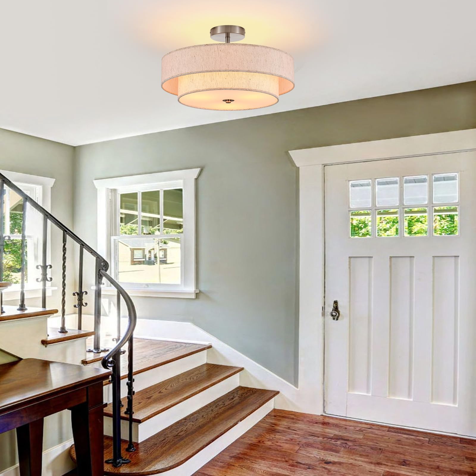 Widluth 18 Semi Flush Mount Ceiling Light 3-Light Modern Linen Drum Ceiling Lighting With Chrome Finish  Vintage Ceiling Light For Living Room  Kitchen  Basement  Laundry Room  Bedroom