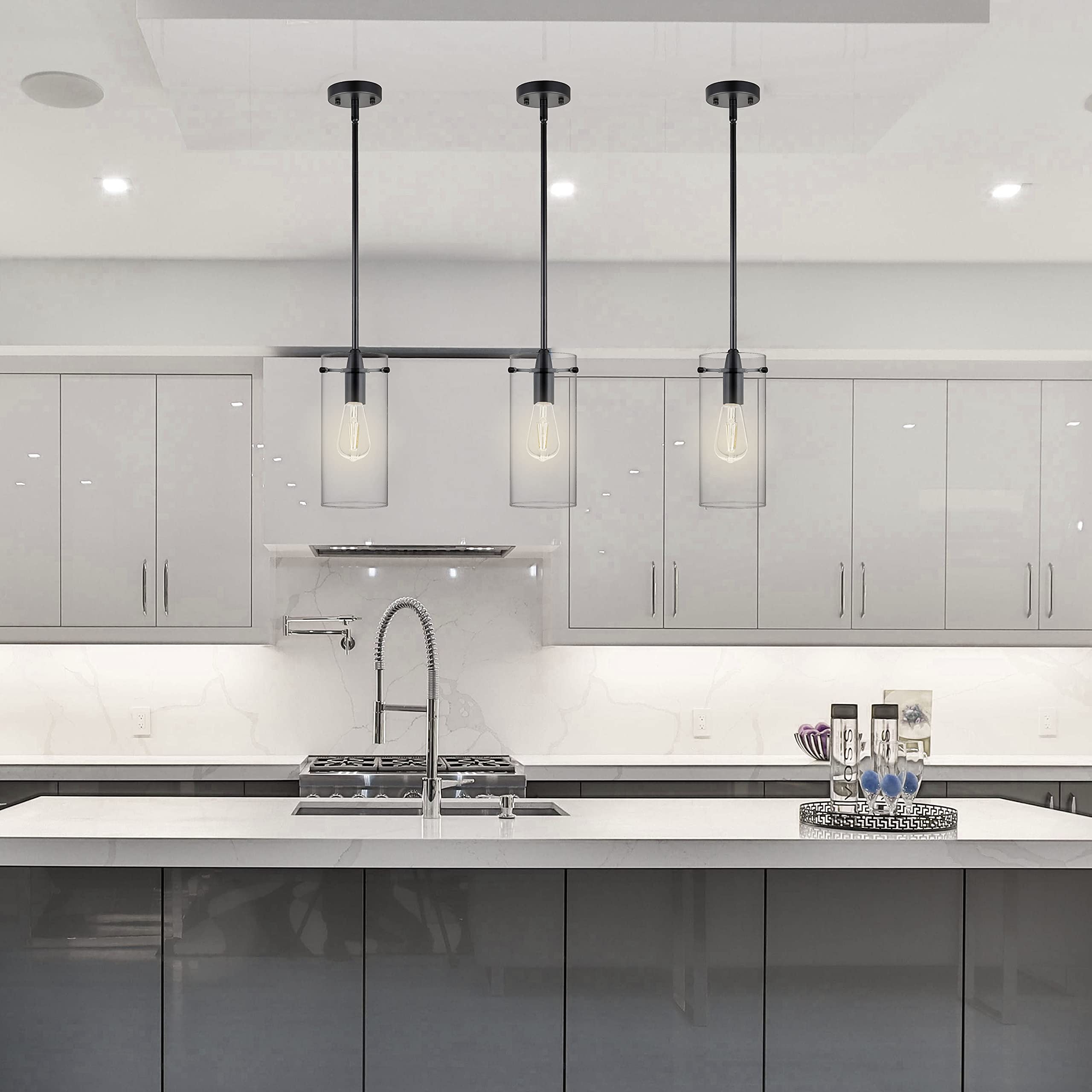 Linea di Liara Effimero Modern Pendant Light - Large Black Metal Fixture with Clear Glass Shade - Ideal for Kitchen Island or Farmhouse Decor