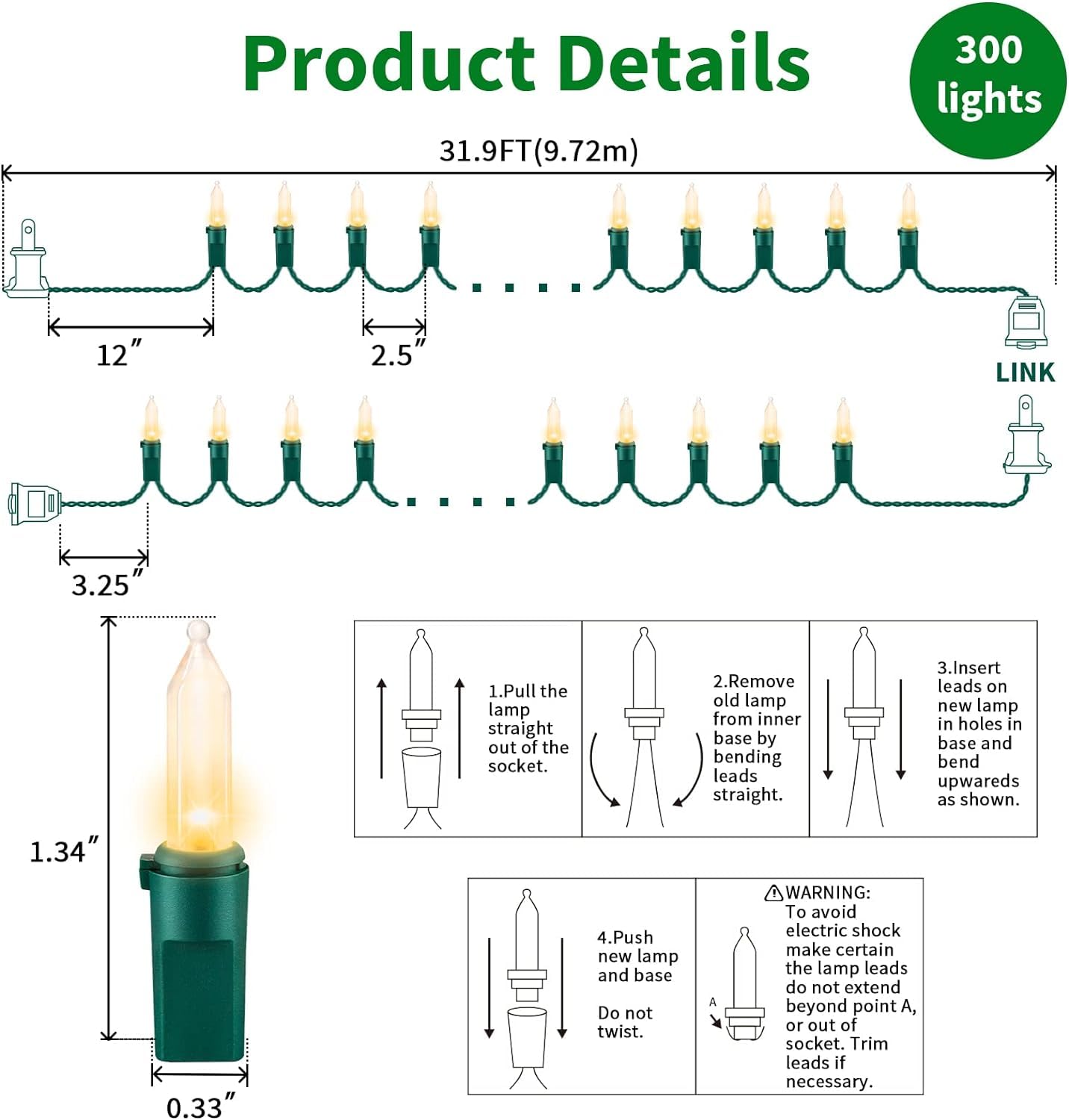 Lamphome Super-Bright Extendable Warm White Christmas Lights Decoration 300Lights 63.8Ft(2Pk Of 150L) Ul Certified Mini Bulb String Lights Set For Outdoor Christmas Tree Garden Holiday Party Decor