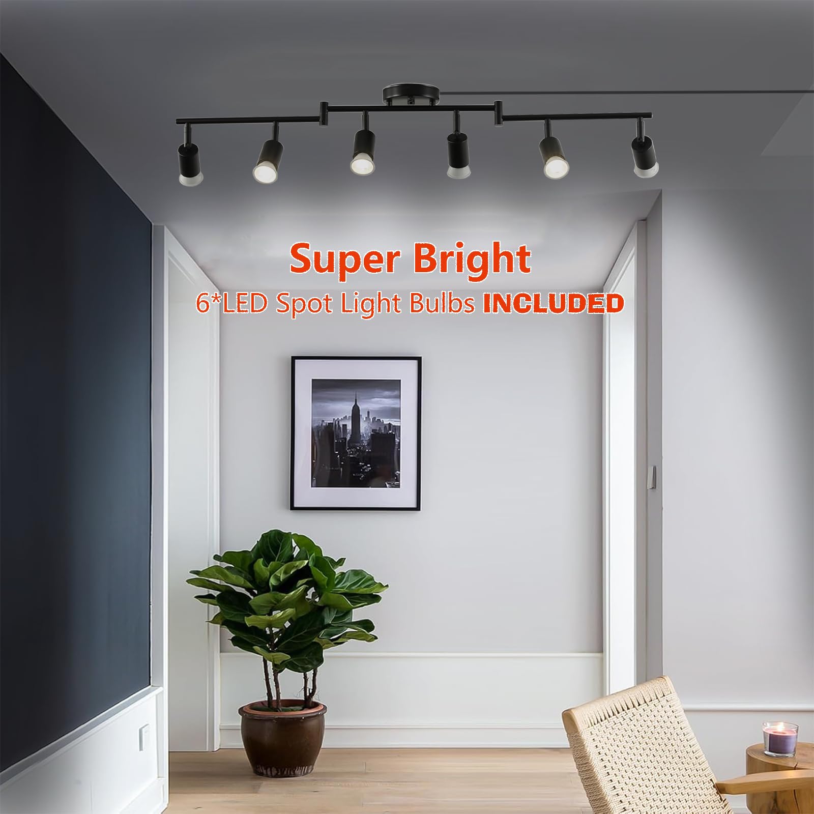 Vivihobb Dimmable Plug In Track Light Black 6 Light Plug In Ceiling Lighting Fixture With 16.4 Long Cord 6 Way Ceiling Spotlight Rotatable Wall Mount Light Head Led Dimmable Spot Bulbs Included