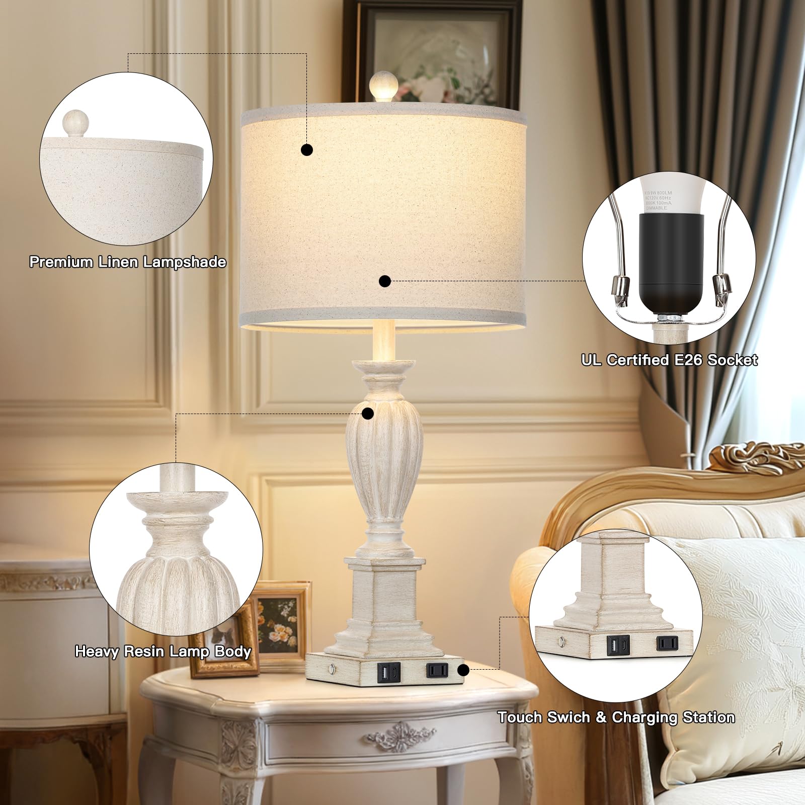 Cinkeda 27'' Farmhouse Table Lamps Set Of 2 With Usb C+A Ports & Ac Outlet For Vintage Living Room Retro Bedroom,3-Way Dimmable