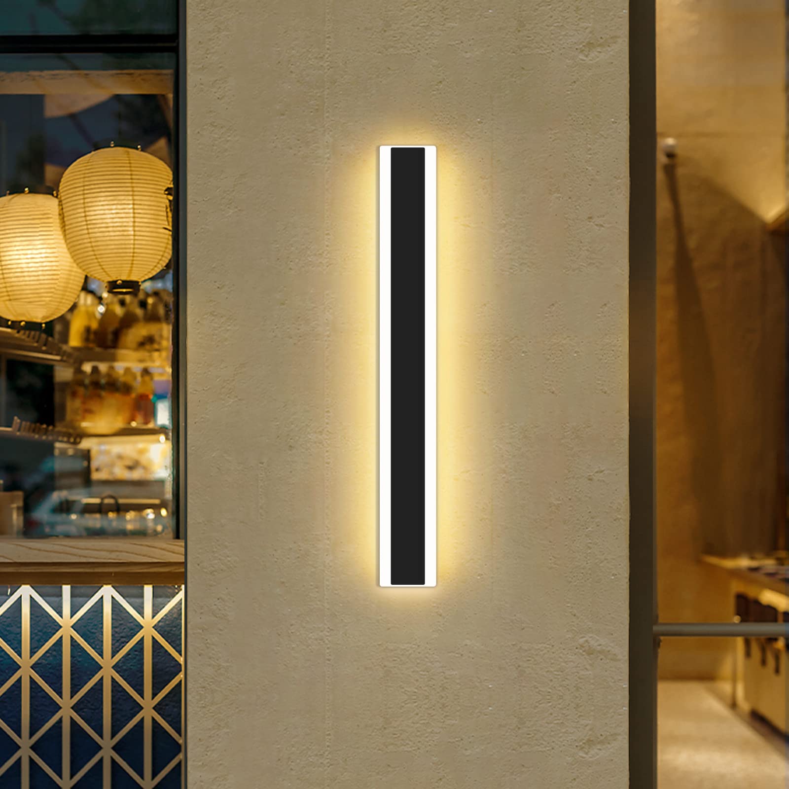 Modern 31.4Inch Outdoor Wall Light, 3000K/4500K/6000K 3 Color Change Black Exterior Light Fixtures Wall Mount, Ip65 Waterproof M