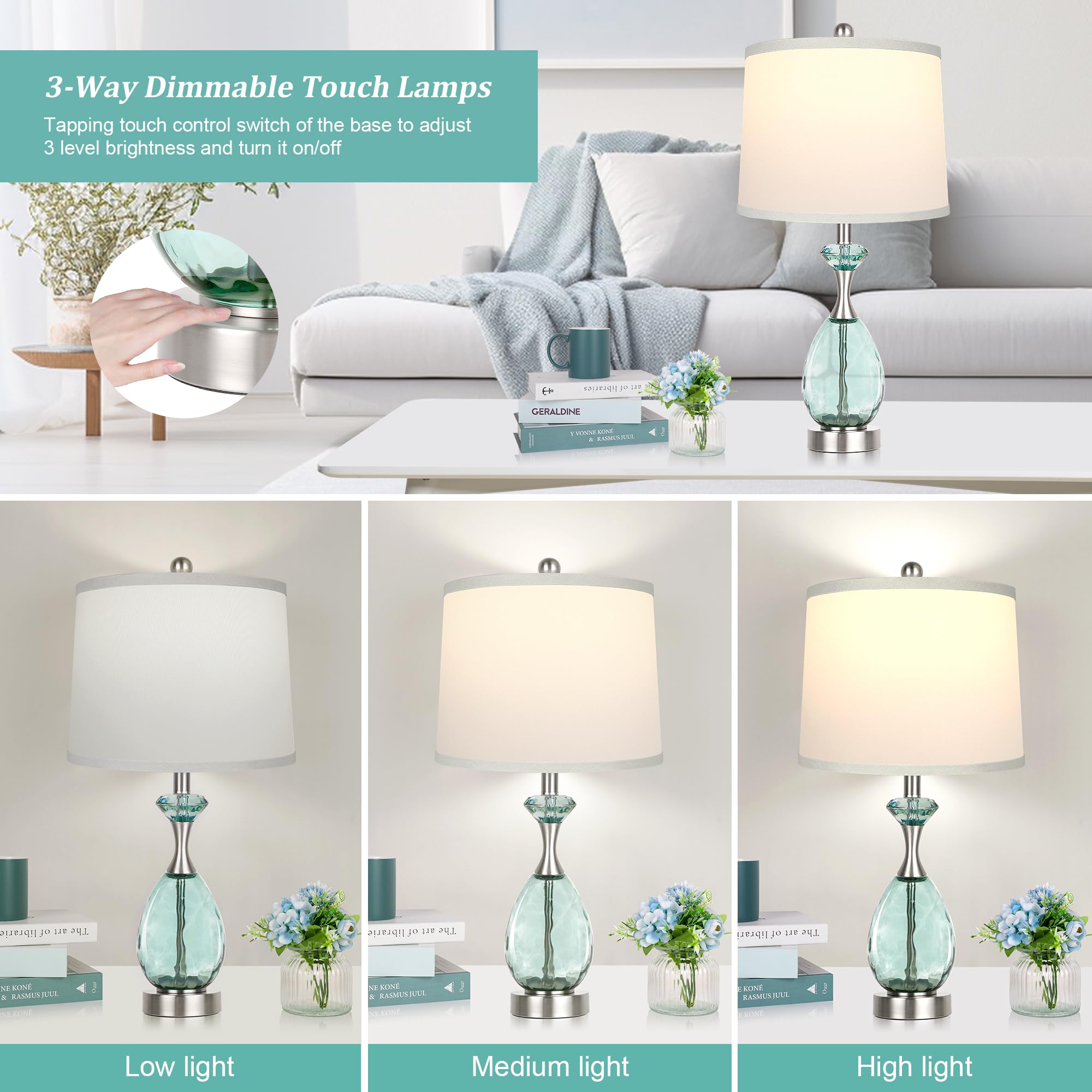 Hamucd 26" Coastal Glass Table Lamps Set of 2, 3-Way Dimmable Touch Control, Blue Nautical with USB Ports, Modern Beach Decor