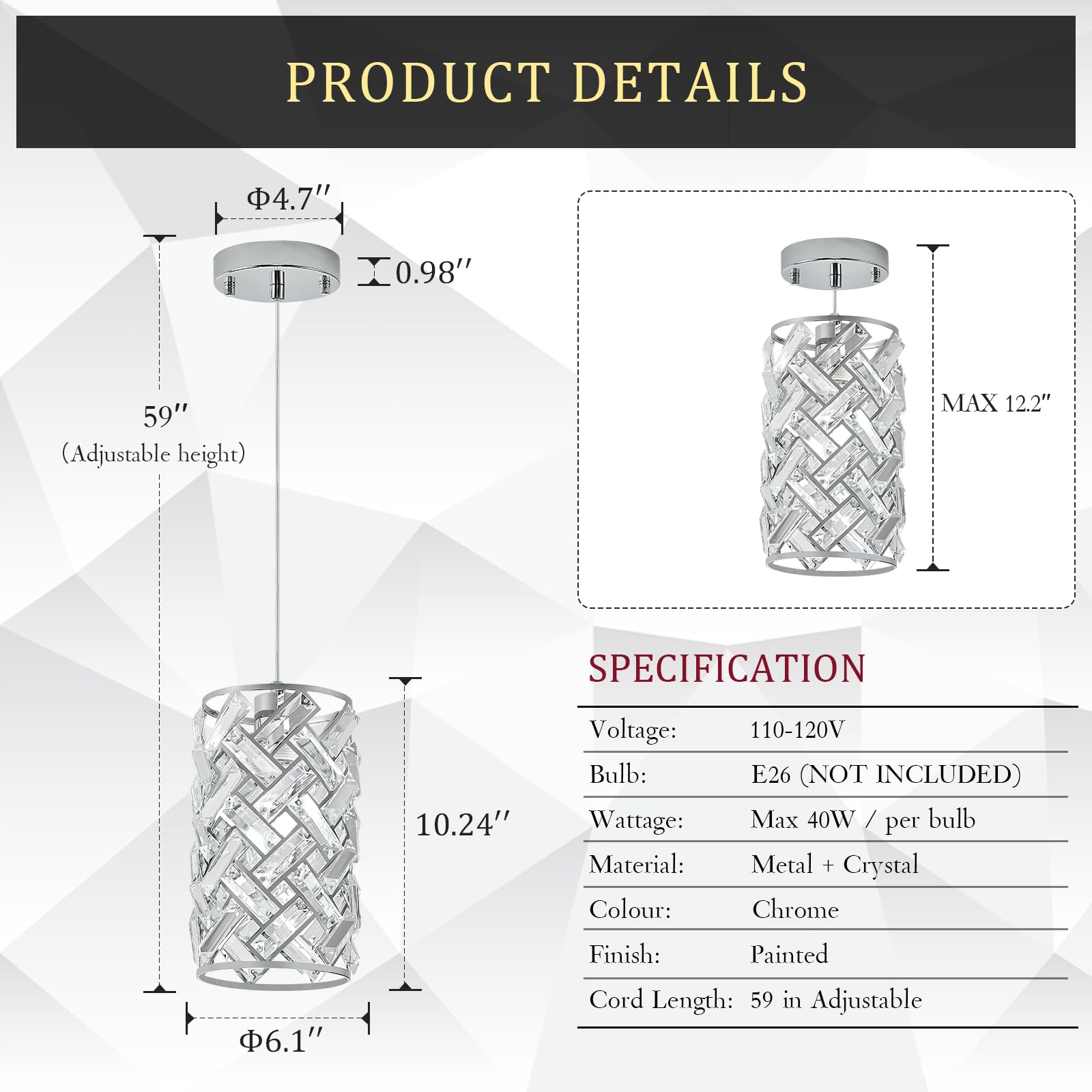 Catiner Modern Chrome Pendant Lighting, Mini Crystal Chandelier, Adjustable Pendant Light Fixture For Kitchen Island, Dining Roo