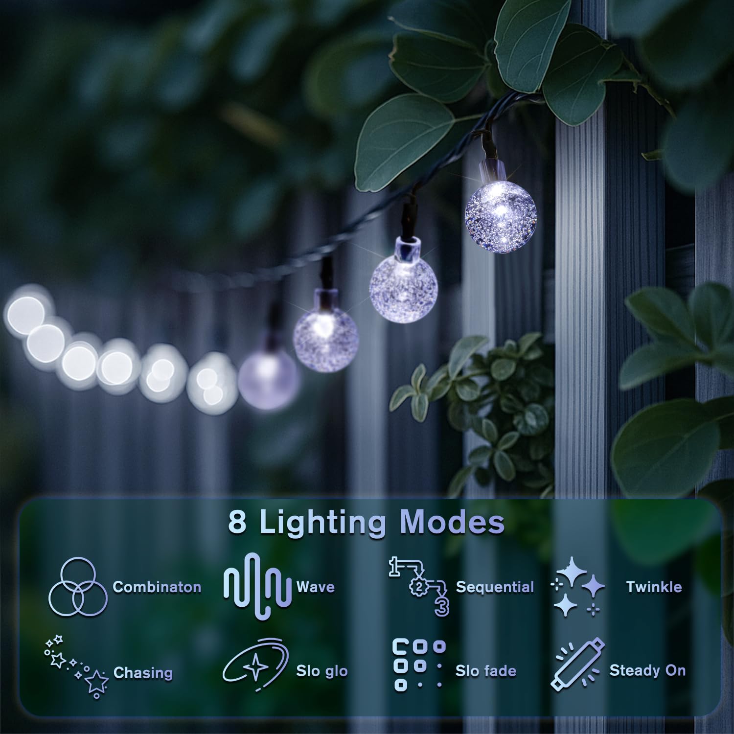 Metaku Solar String Lights, 36FT 60 LED Crystal Globe, Cool White, 8 Lighting Modes, Outdoor Patio Hanging Lights