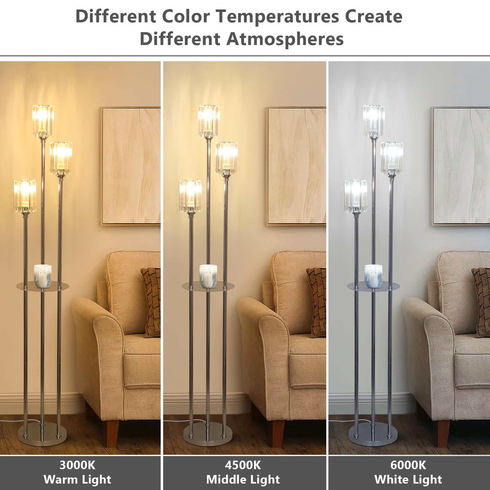 HMVPL Modern Crystal Floor Lamp with Shelves, 3-Lights, 66" Silver, Chrome - Stylish Corner Lighting for Living Room & Office
