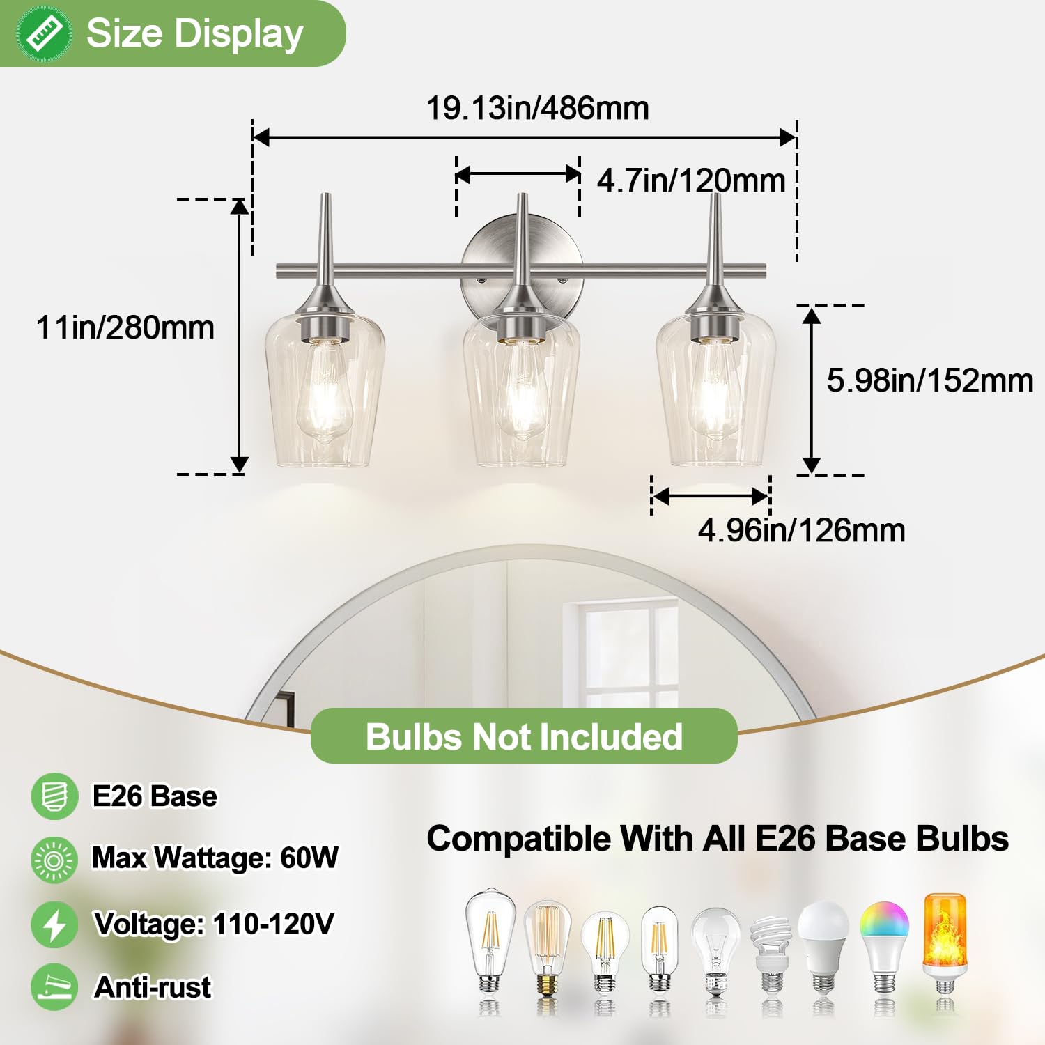 Mokatng 3-Light Bathroom Light Fixtures  19.5 In Brushed Nickle Vanity Lights For Bathroom With Clear Glass  Bathroom Lighting Fixtures Over Mirror  Modern Wall Lamp For Cabinet Hallway