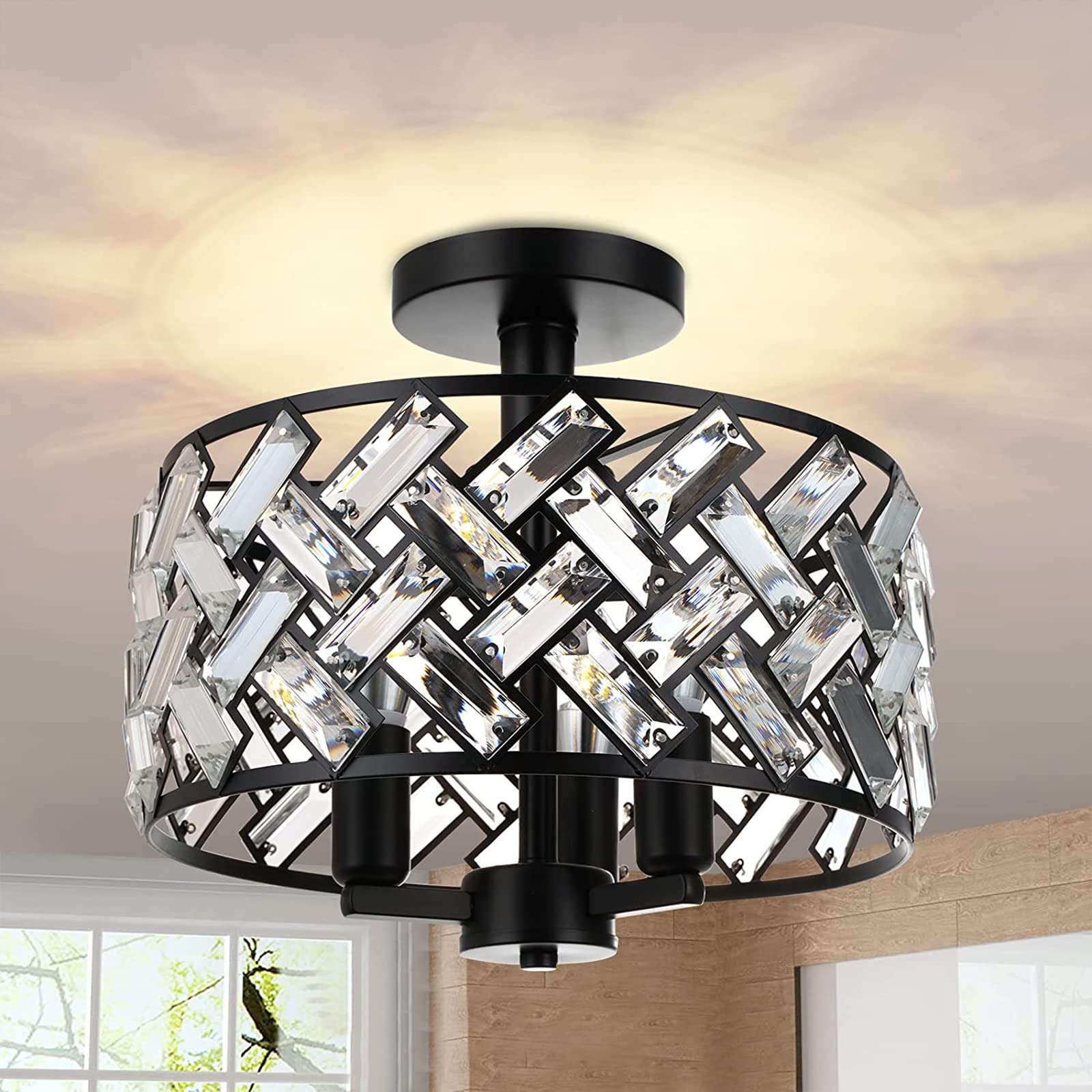 FRIDEKO HOME Semi Flush Mount Ceiling Light - 3-Light Crystal Ceiling Light Fixture Black Kitchen Light Fixtures for Bedroom Hal