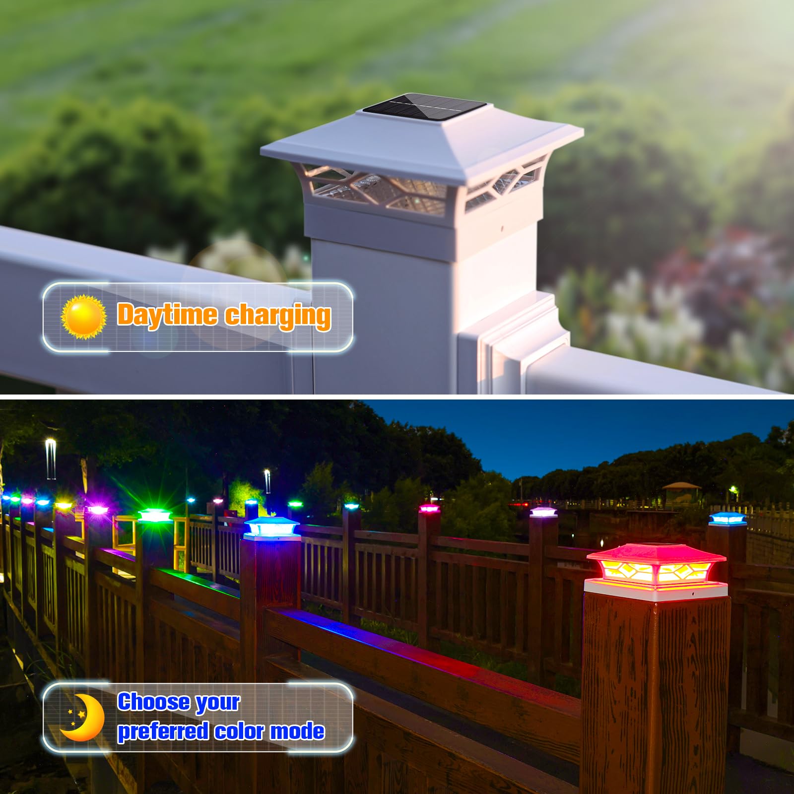 VOLISUN Solar Fence Post Cap Light - Waterproof RGB Color Changing, 8 Pack, White, for 4x4/6 Wooden or Vinyl Posts, Patio Deck Garden Decor