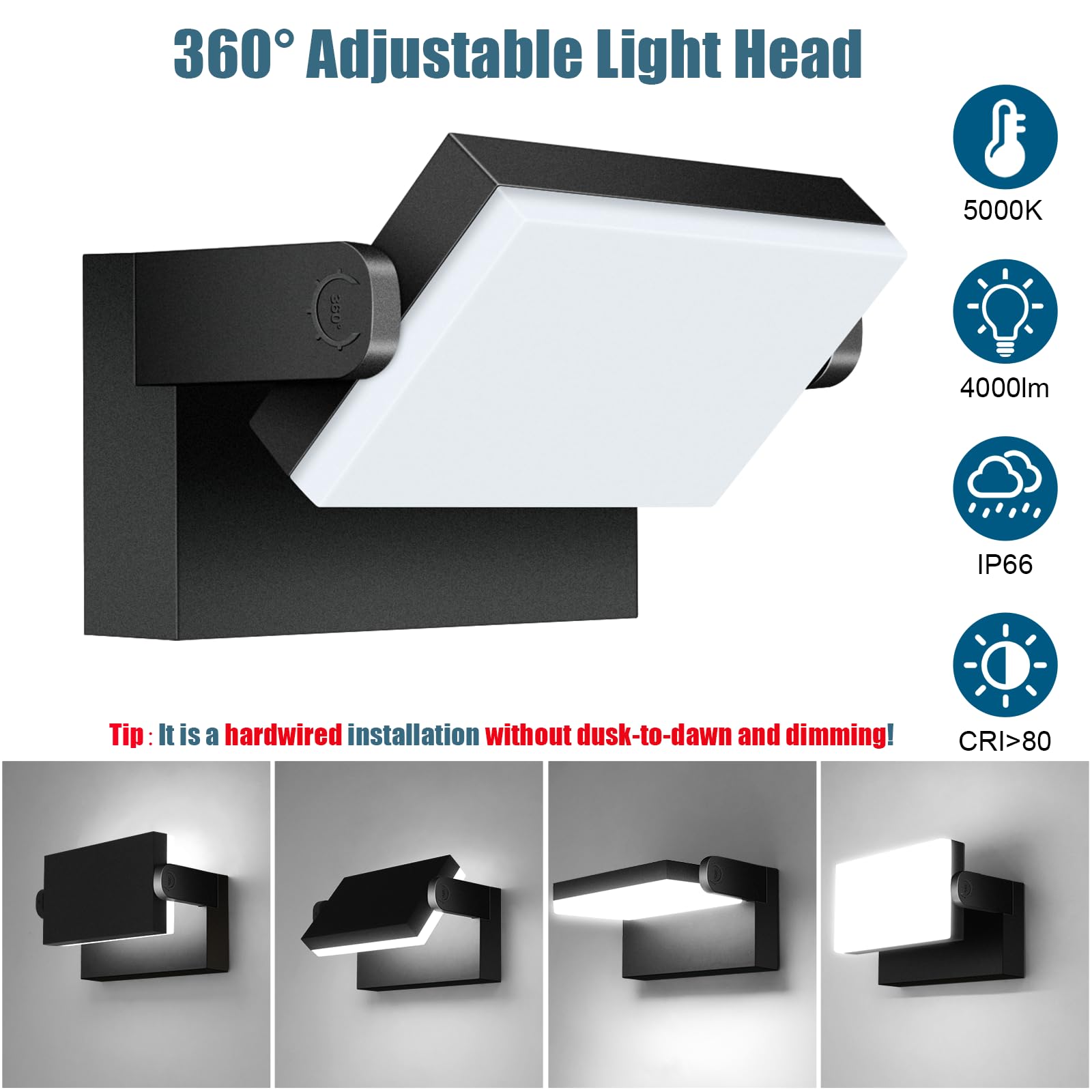 Tomourd 40W LED Wall Light, 4000LM, IP66 Waterproof, Adjustable Head, Black, 4 Pack, Model KY1360D