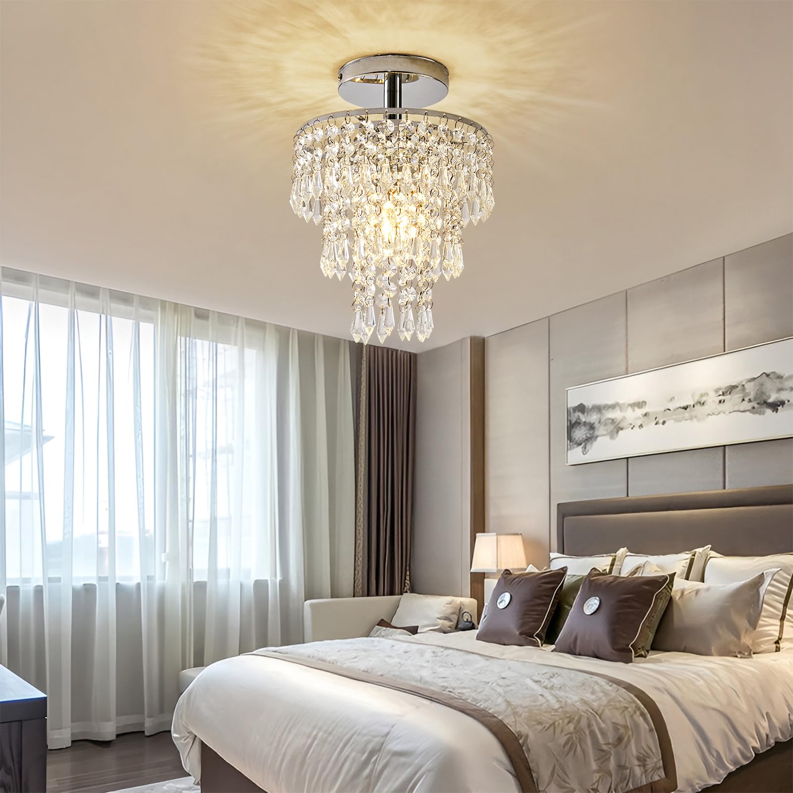 Cyaruy Small Crystal Chandelier - 3-Tier Raindrop Design, Metal, Chrome, 7.9" x 11", Flush Mount Ceiling Light for Bedroom & Living Room