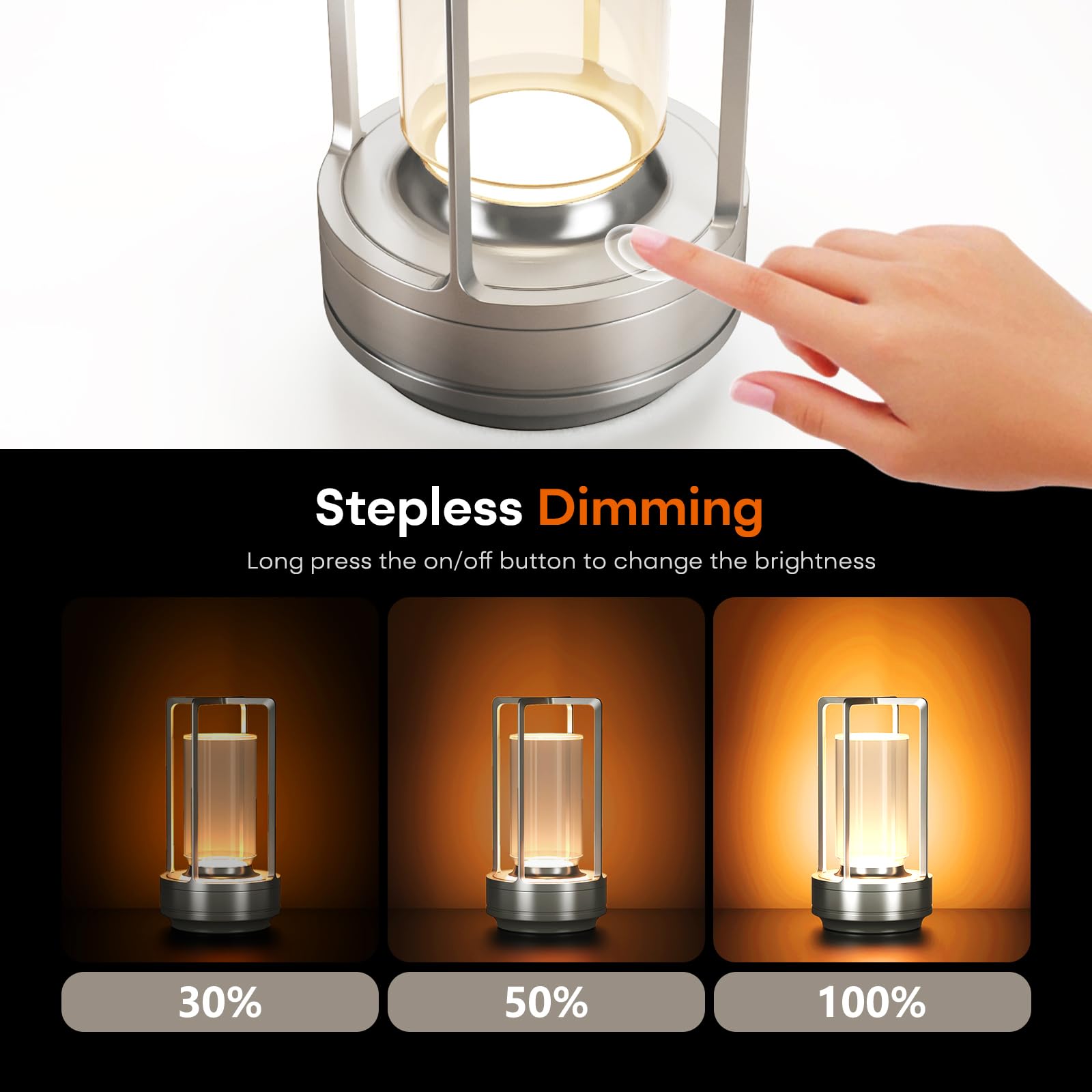HAPYGI Portable Metal Table Lamp, Rechargeable LED, 3-Colour Dimming, Sliver Set of 2, Model A-LAMP
