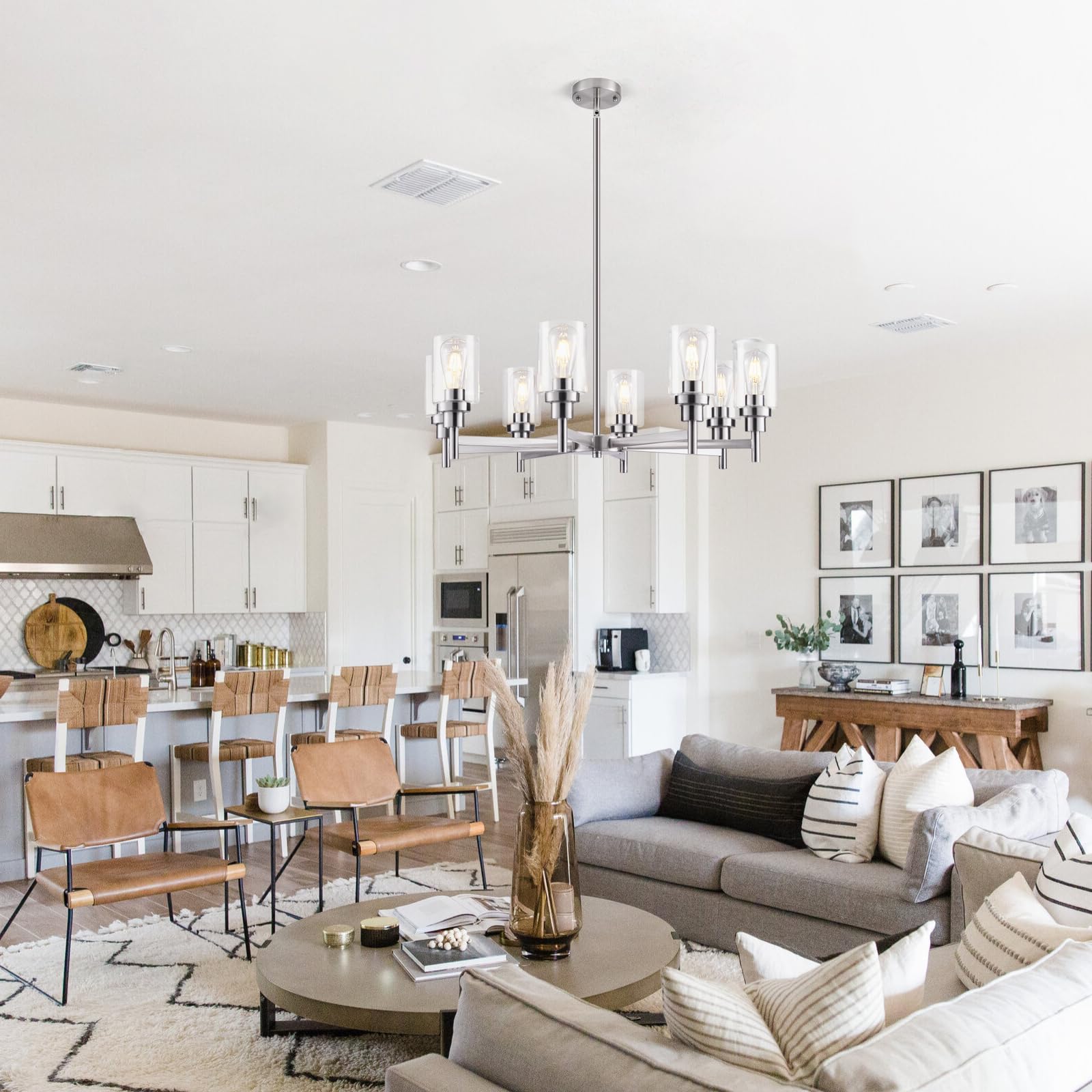 Seilisy 8 Lights Brushed Nickel Chandelier For Dining Room, Farmhouse Modern Contemporary Industrial Ceiling Hanging Pendant Lig