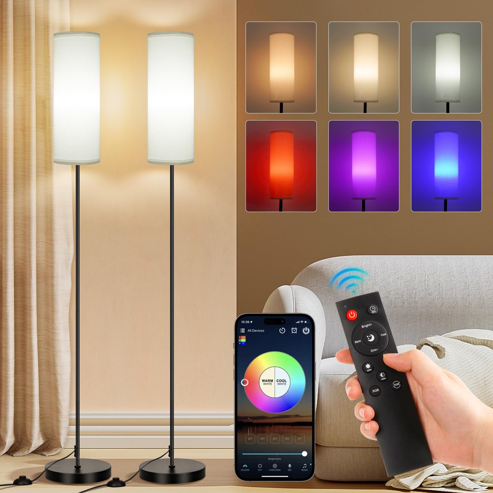 FRIDEKO HOME 2 Pack Floor Lamps for Living Room, Dimmable Colors Temperature & Brightness, Modern Floor Lamp with Remote, Tall S