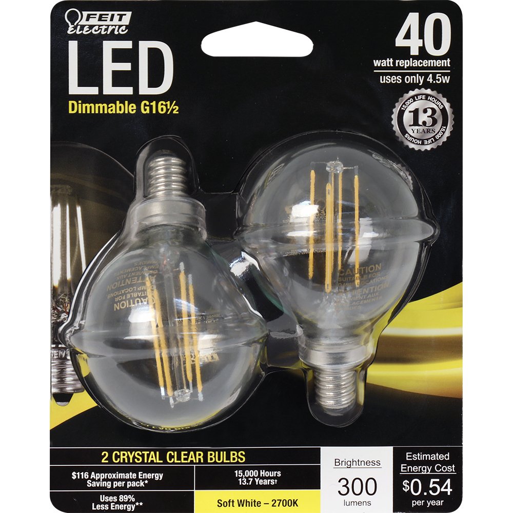 Feit Electric - Decorative Clear Glass Filament LED Dimmable 40W Equivalent Soft White (2700K) Globe Bulb, Pack of 2 (BPG1640/82