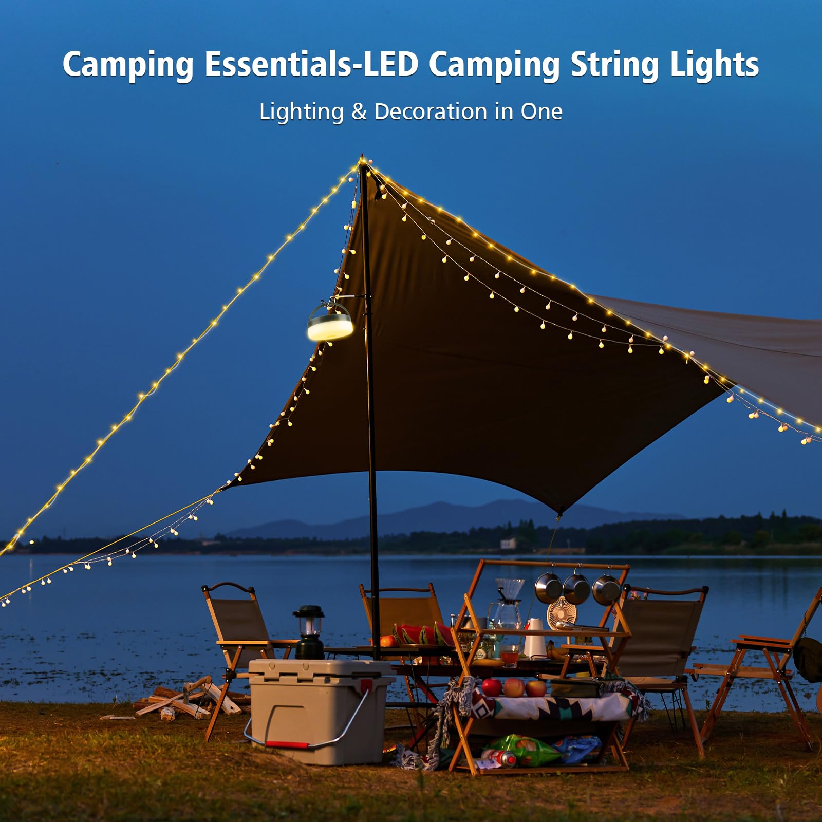 MGYIF Camping String Lights, 33ft Rechargeable 100 LED, Waterproof, 14 Lighting Modes, Remote Control, 1 Pack