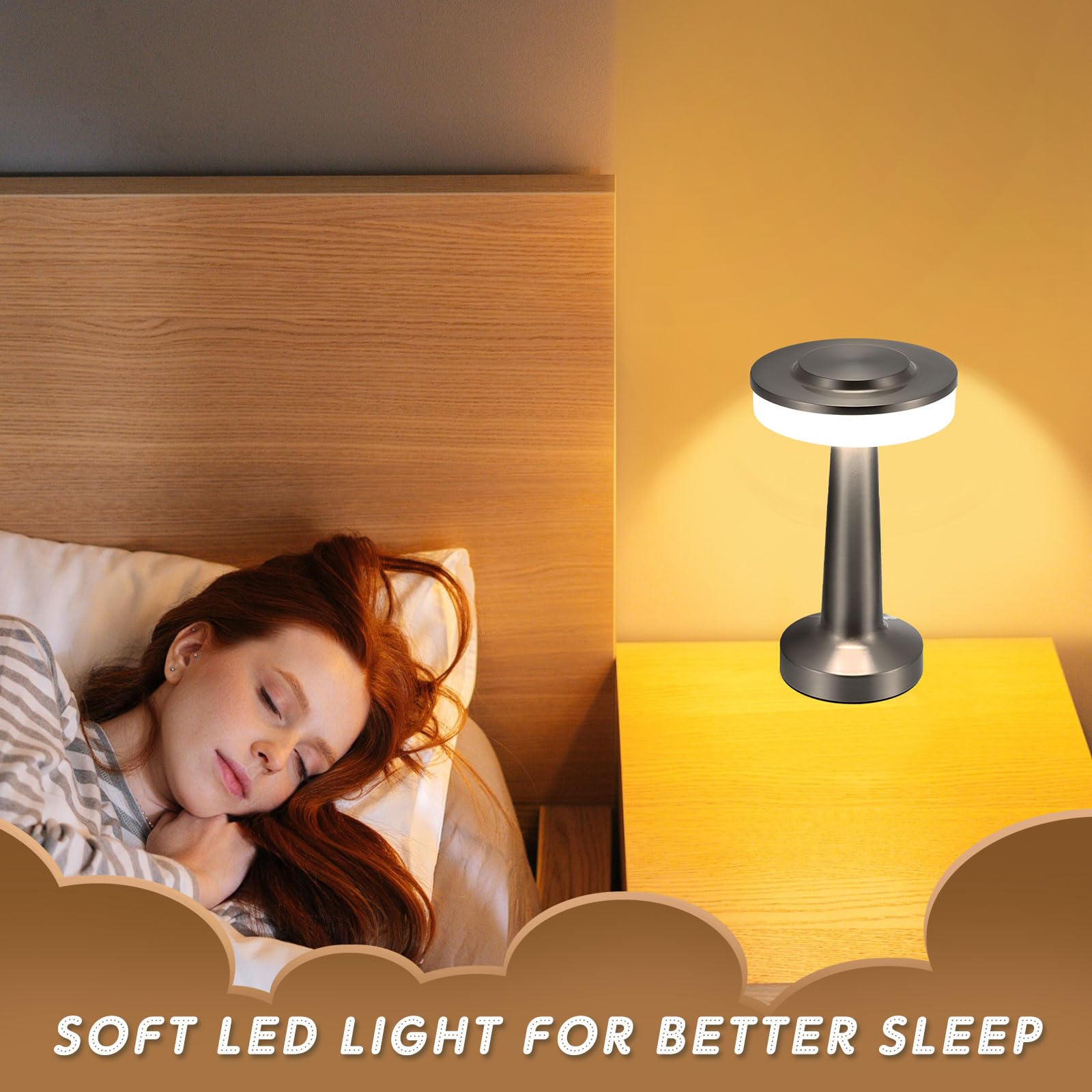 Riakrum Portable LED Table Lamp, Touch Sensor, 3 Color Dimming, Rechargeable, Silver