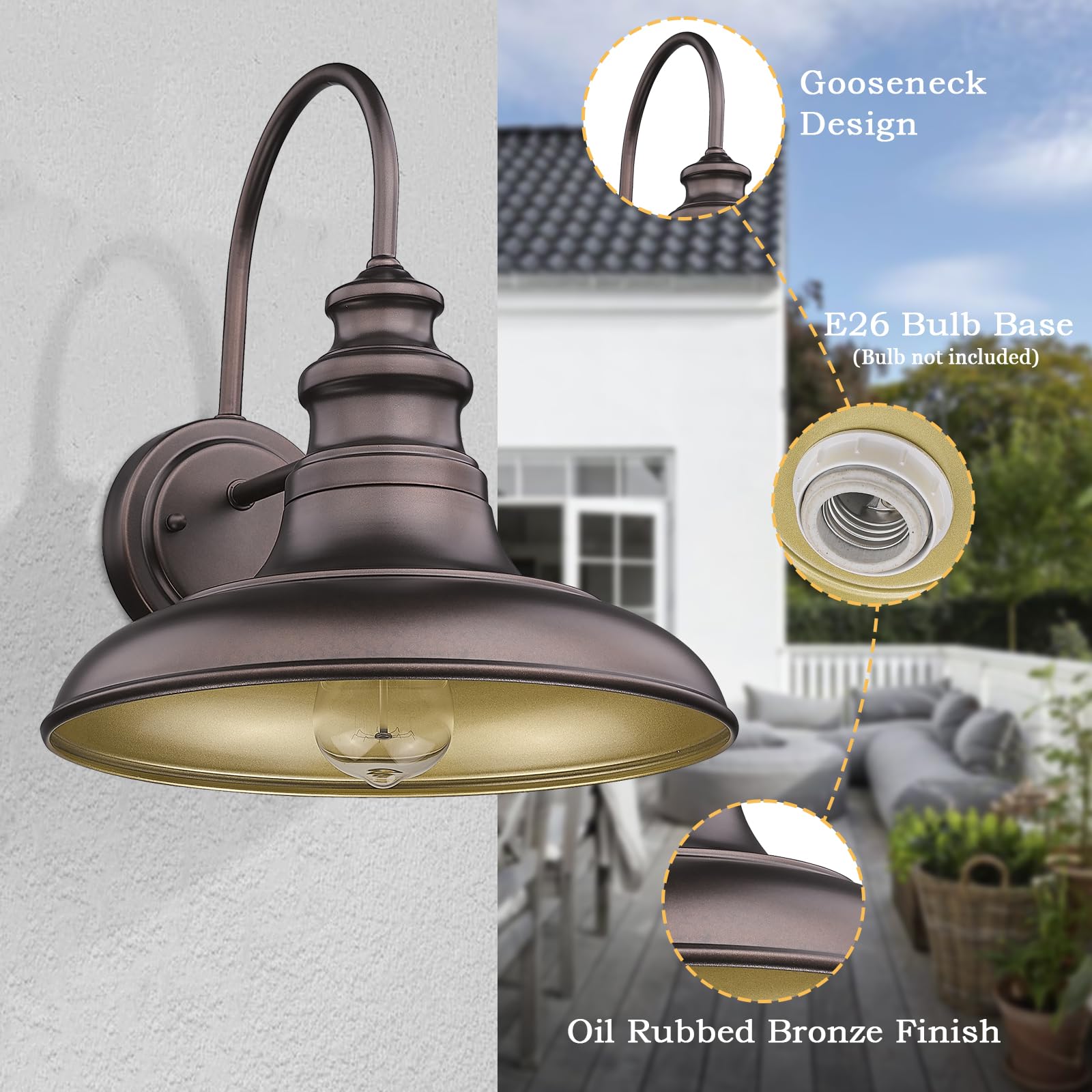Diyel Outdoor Barn Light Fixture, Gooseneck Wall Sconce, Oil-Rubbed Bronze, Metal, 11-RZ004-1PACK, Industrial Style for Porch