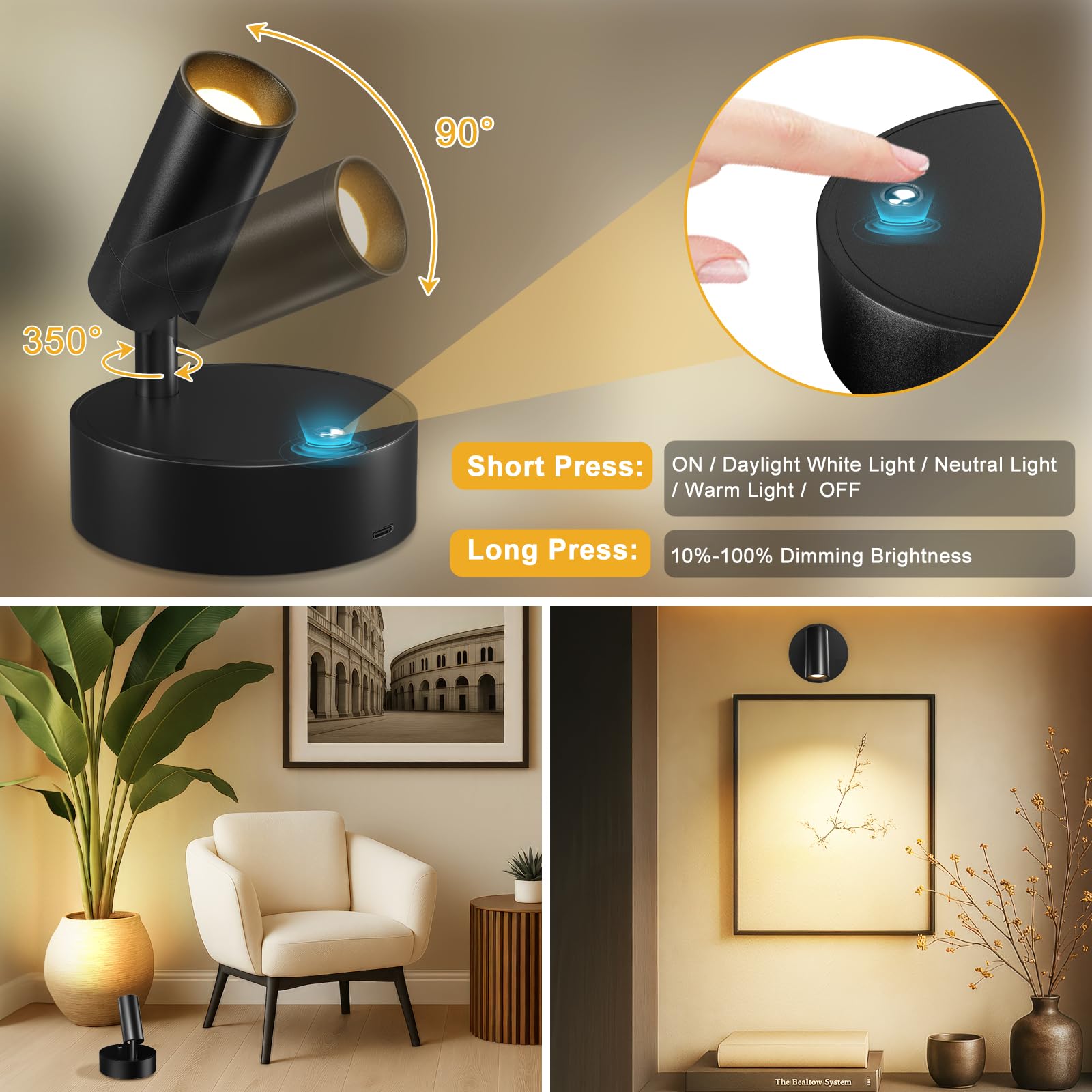 Kimjo Wireless Led Spotlight  Spot Lights Indoor  Uplighting Indoor With Timer And Dimmable  Rechargeable Wall Lights Picture Light Accent Lighting For Plants (2 Pack)