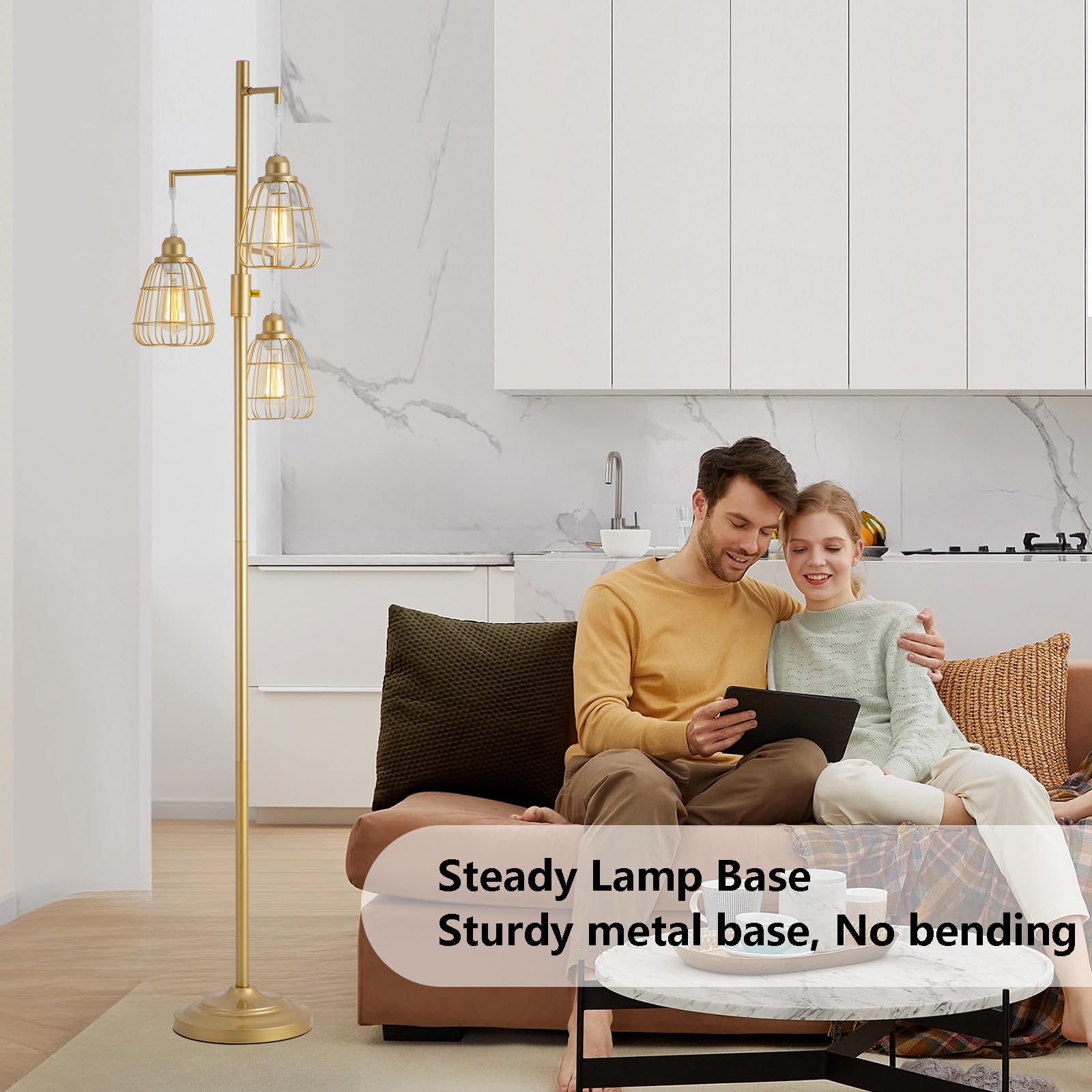 9Mmml Gold Dimmable Floor Lamp,Industrial Farmhouse Tall Standing Floor Lamp For Living Room, Bedroom, Corner,Office,Gold 3 Tear