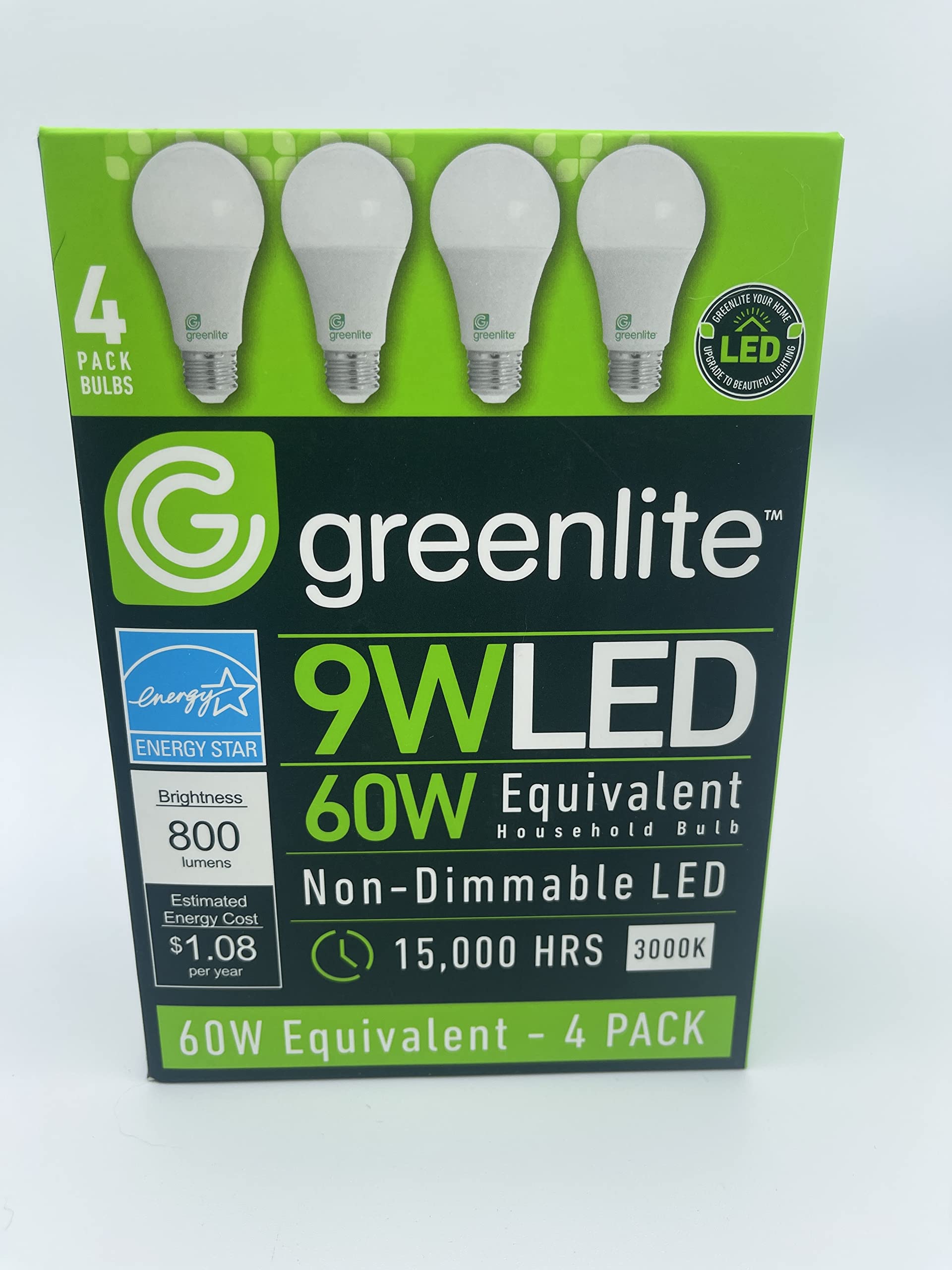Greenlite 9W LED Light Bulbs, 60W Equivalent, Non-Dimmable, 4 Pack, White, Copper Material