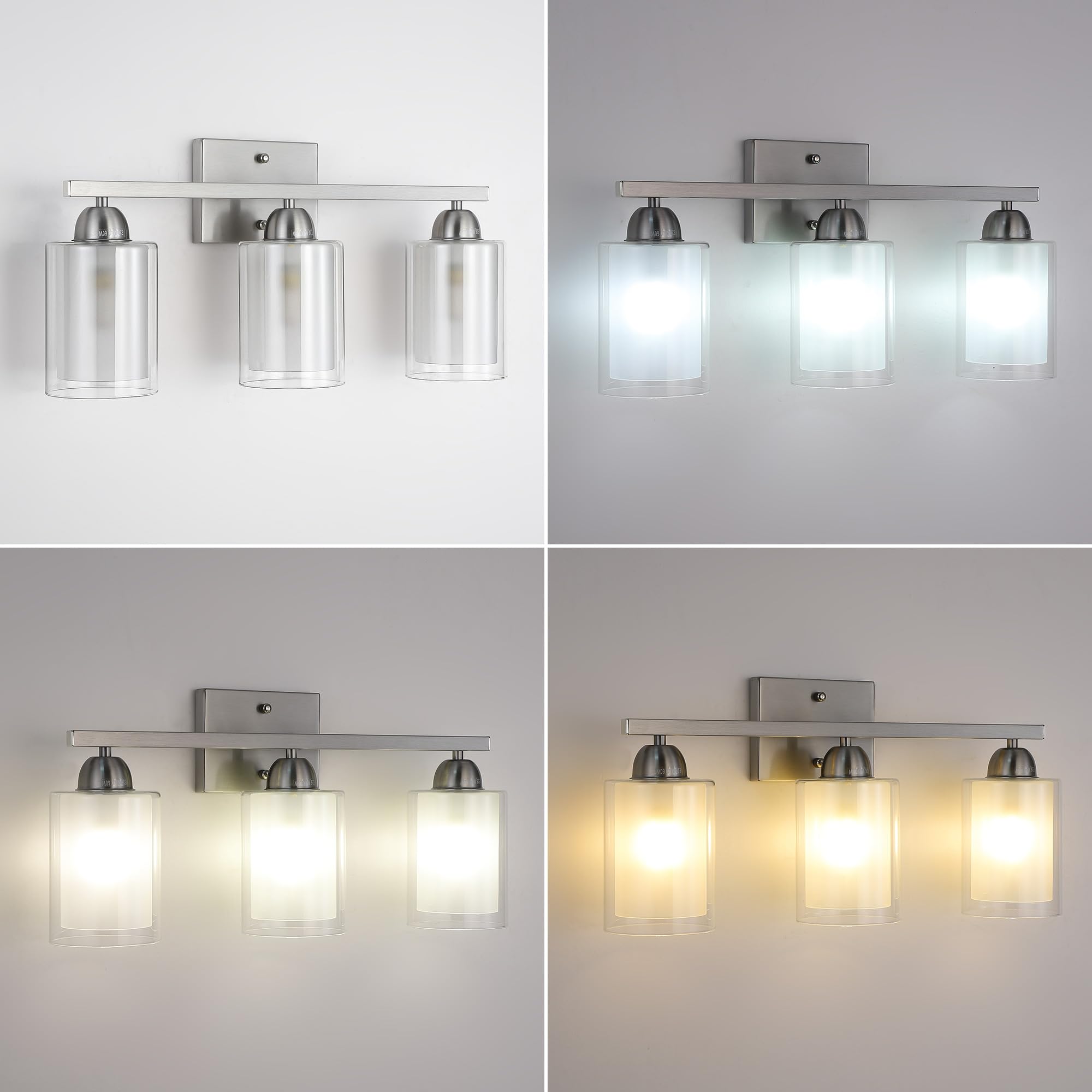 Mecgirn Stainless Steel Bathroom Vanity Light, 3 Light Brushed Nickel, Milk and Clear Glass Shades, Model B0007-3
