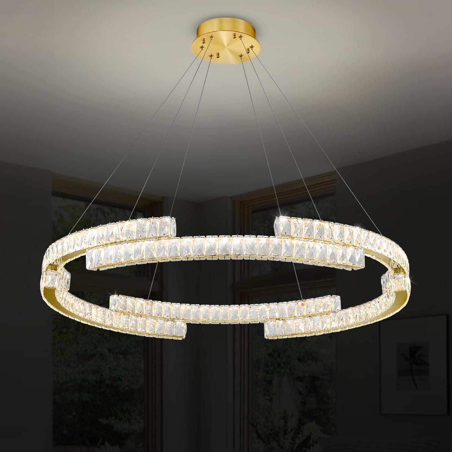 IDEQUY 40in Gold Crystal Ring Chandelier, Dimmable 3000K-6000K, Stainless Steel, Model CF8014-100J