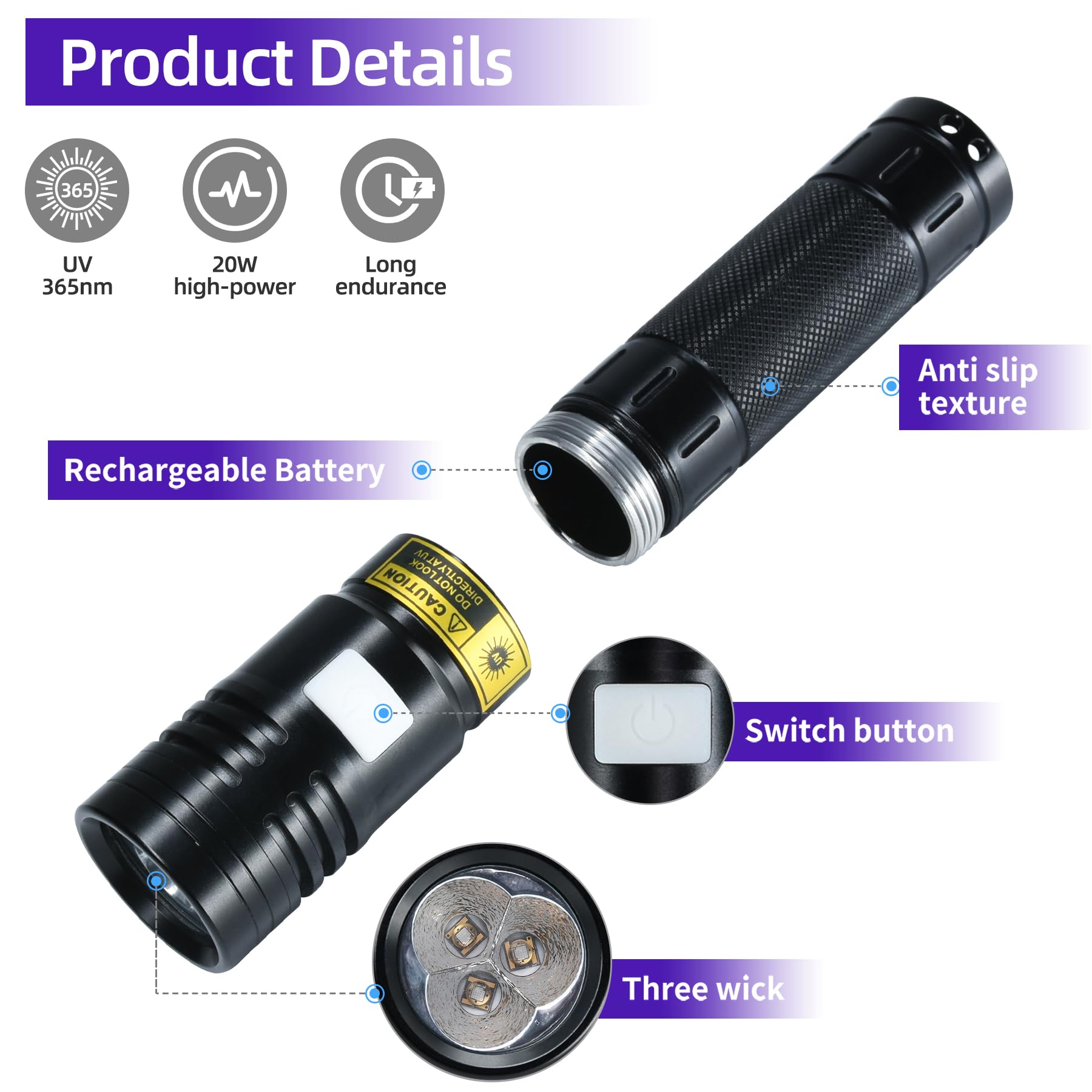 DARKBEAM UV 365nm Flashlight - High Power 3 LEDs, Mini USB-C Rechargeable Woods Lamp, Detector for Pet Urine & Leak Detection, Model UF2201