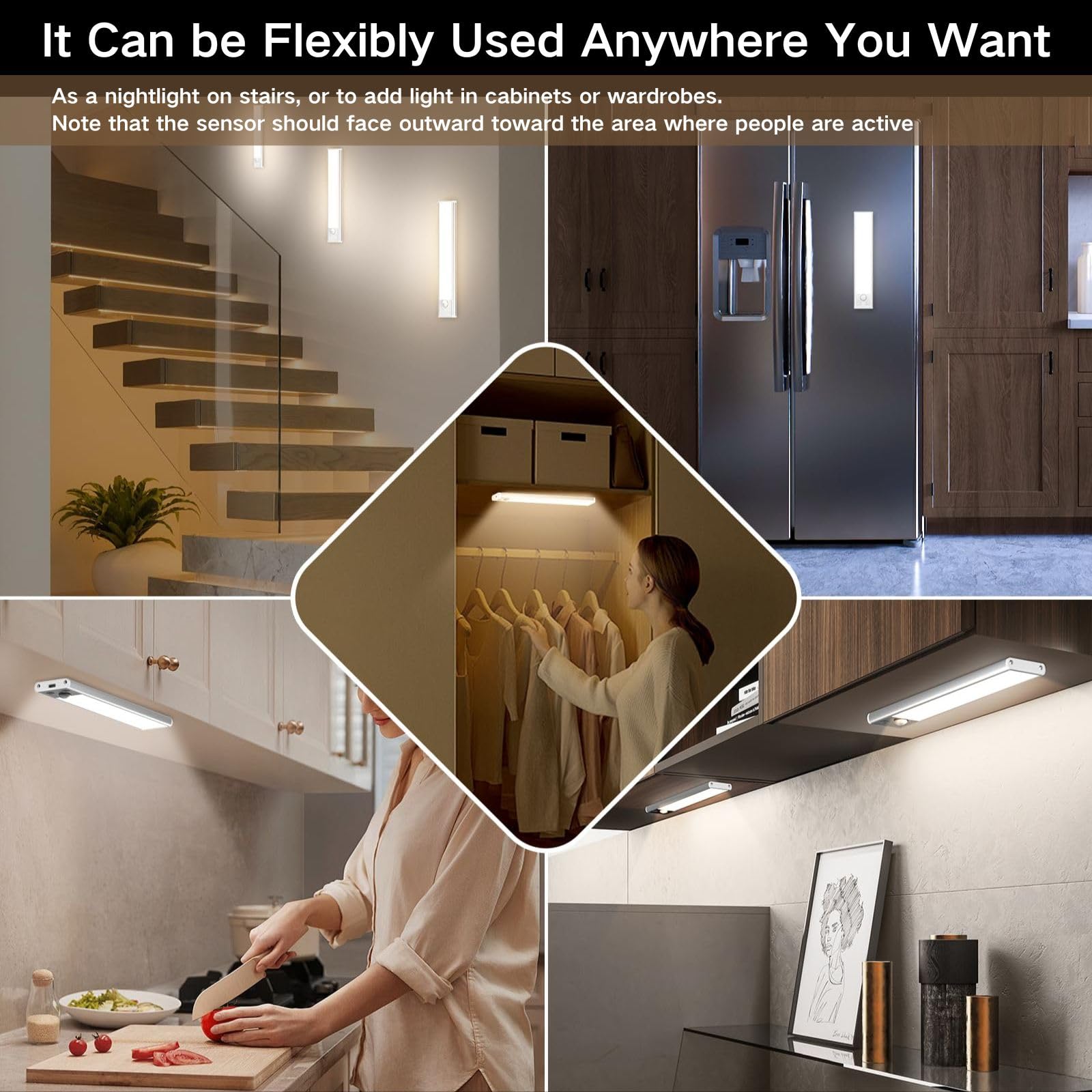 Sanofuturion Motion Sensor Under Cabinet Lighting-Magnetic Rechargeable Closet Lights For Kitchen Stairs Wardrobe | 3-Color Dimmable Led Under Counter Lighting | Pro Battery Upgrade (2  8 Inch)