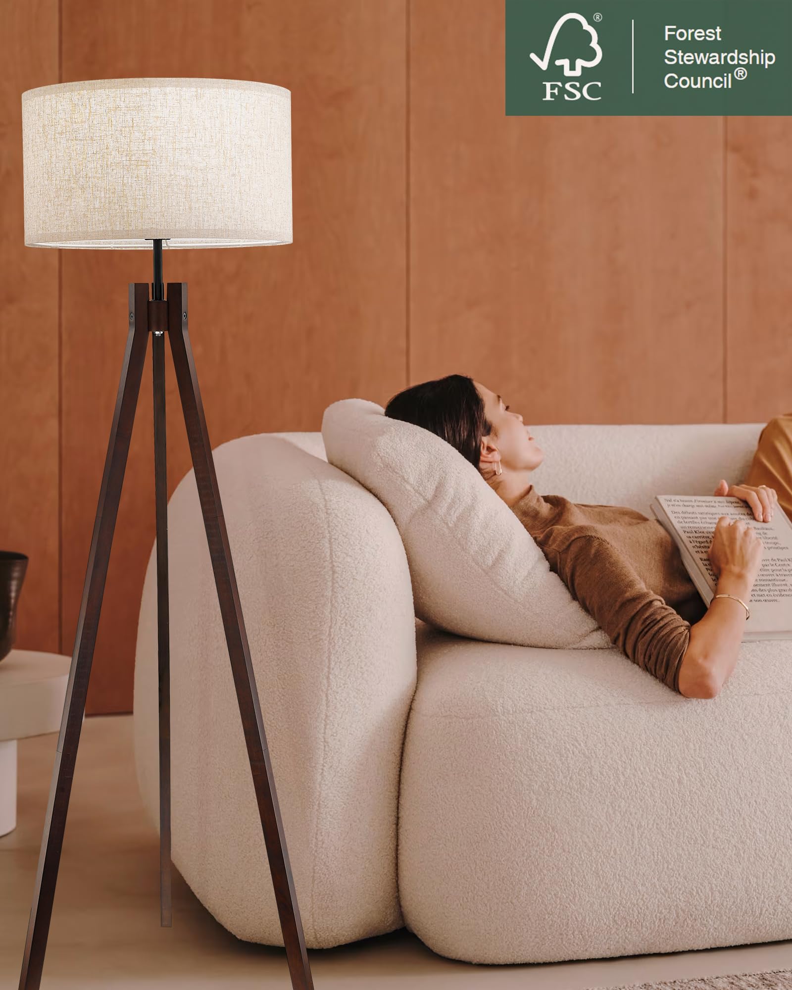 Elyona Wood Tripod Floor Lamp, 3 Color Temperatures, Modern Linen Shade, Walnut, Led Included