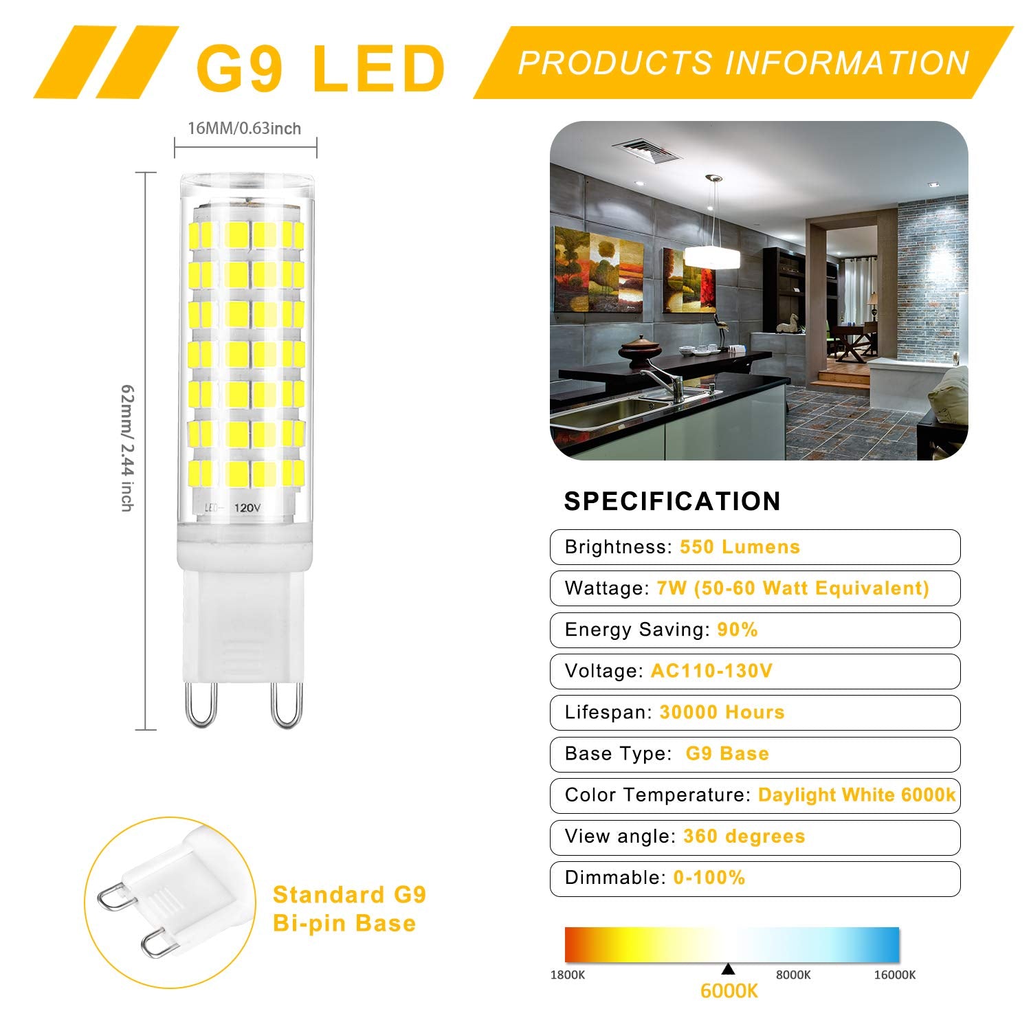 Yuiip G9 Led Light Bulb 7W Dimmable, Daylight White 6000K, 550Lm, 360° Beam Angle, 6 Pack, Non-Flick
