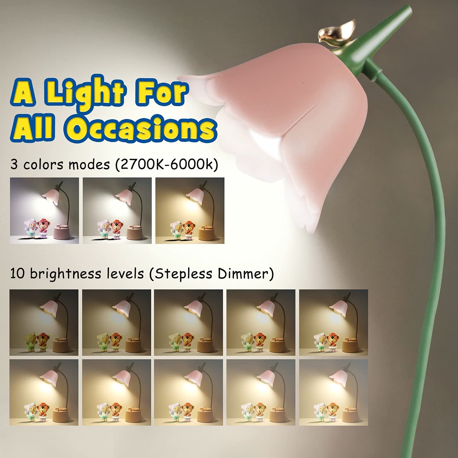 Neporal Rechargeable Kids Lamp, LED Desk Lamp Touch Control Dimming 3 Brightness, 360Flexible Gooseneck Eye-Care Children Studyi