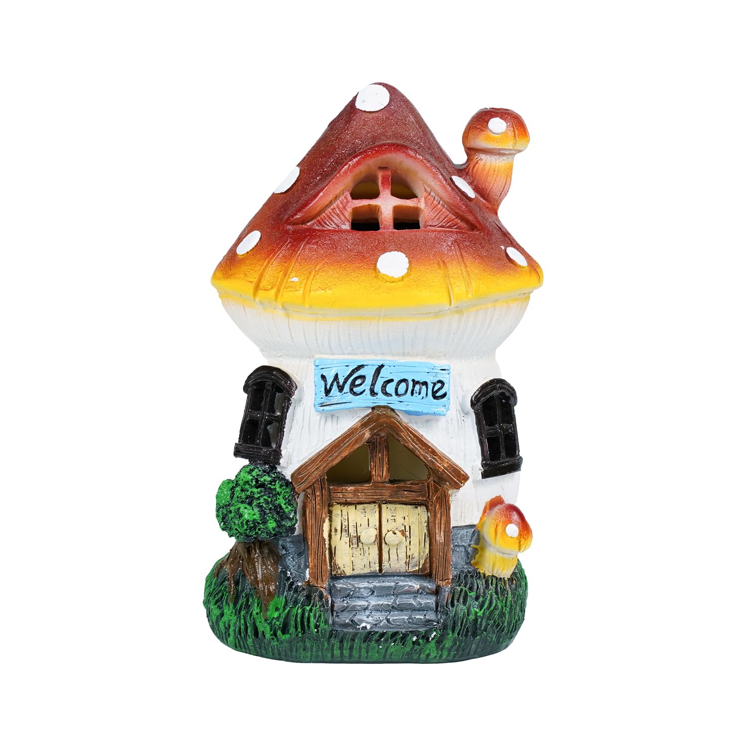 Solar Powered Mushroom House Statue with LED Light, 6.8 Inch Resin Garden Figurine with Welcome Sign, Outdoor Decor for Patio, L