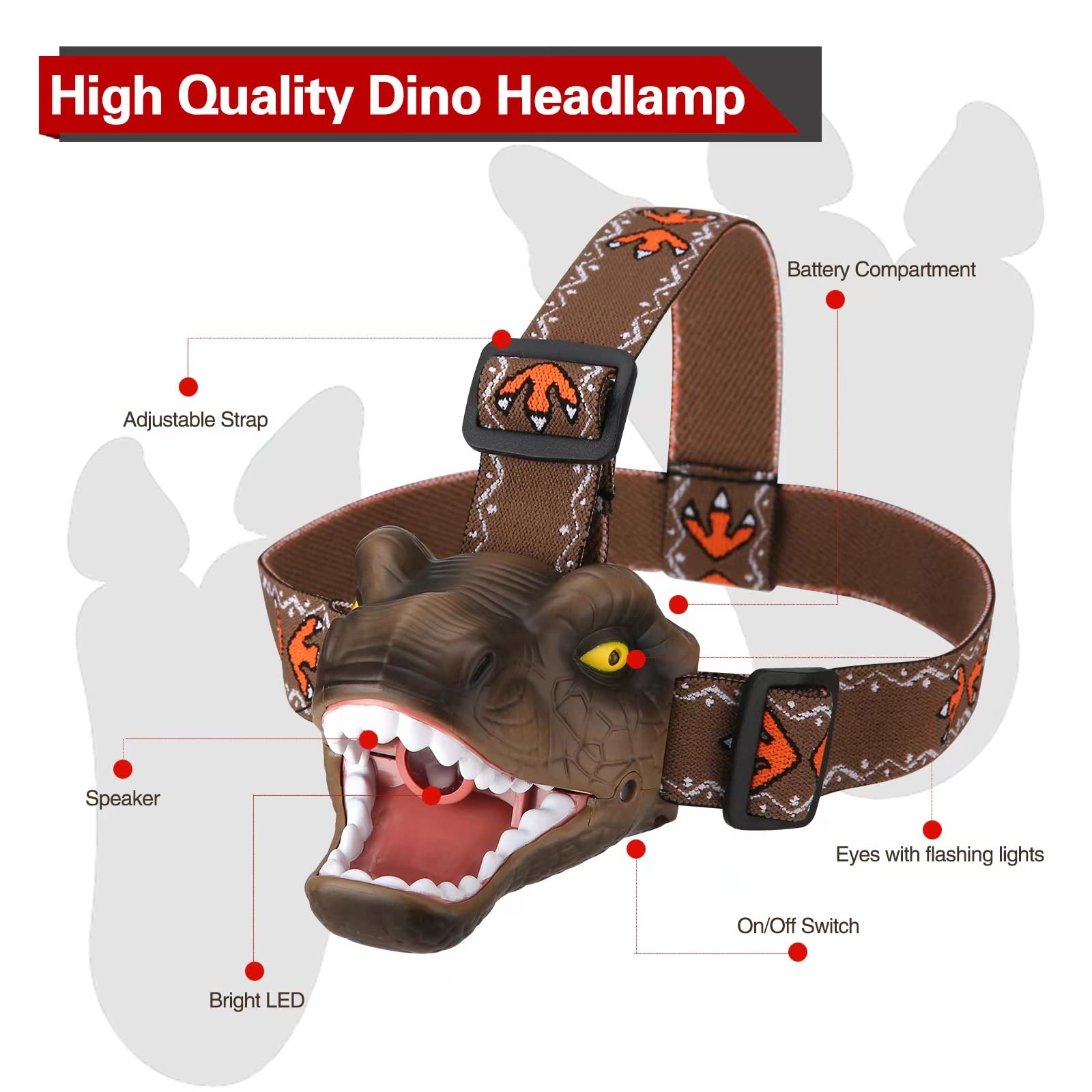lelefa Dinosaur Kids Headlamp, T-Rex LED Flashlight, 4 Lighting Modes, Brown, Model lelefa-01
