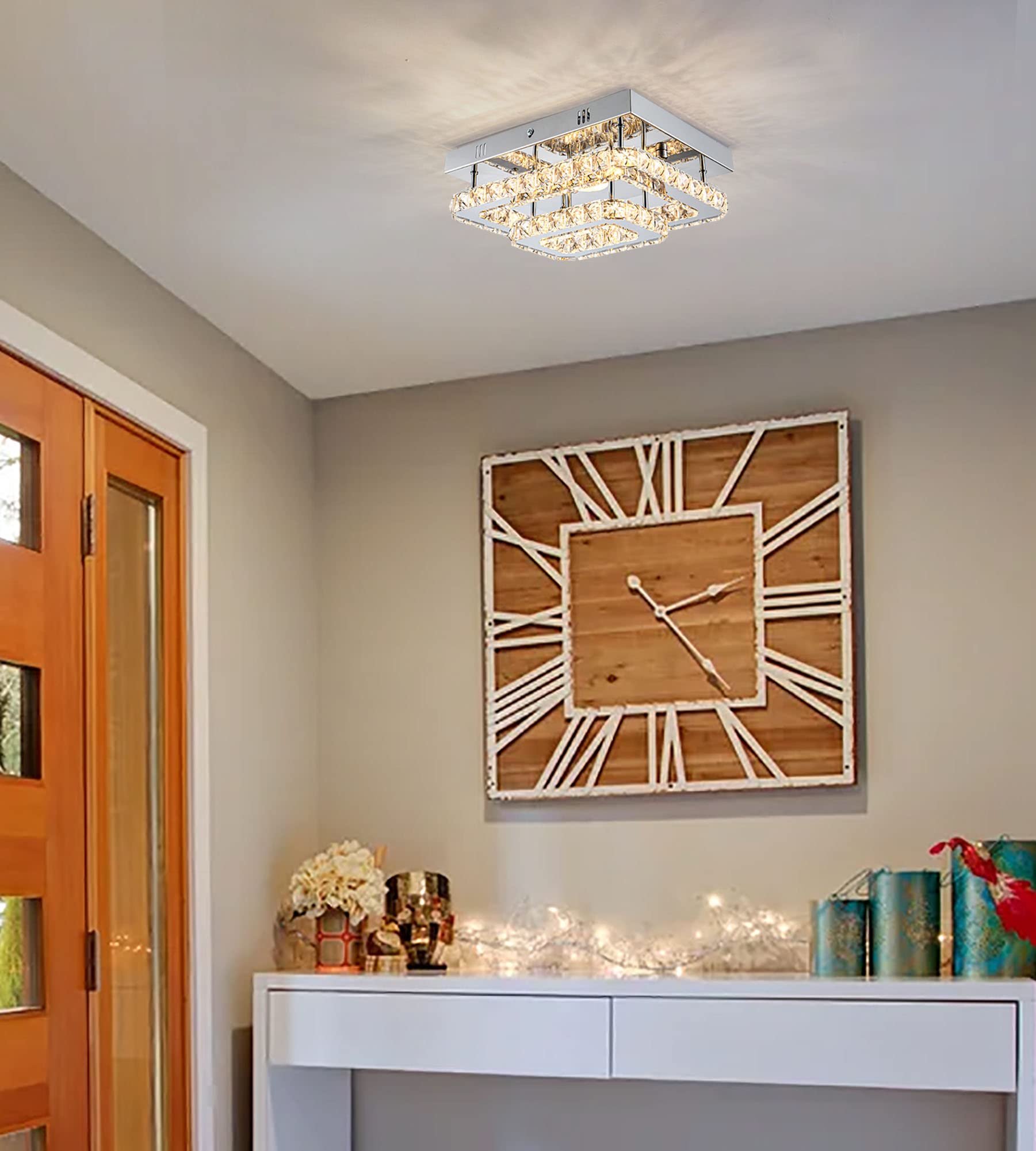 Dsliting Modern Chandelier, Small Flush Mount Led Crystal Lighting Fixture, Rectangle Chandelier For Bedroom, Hallway, Kitchen,